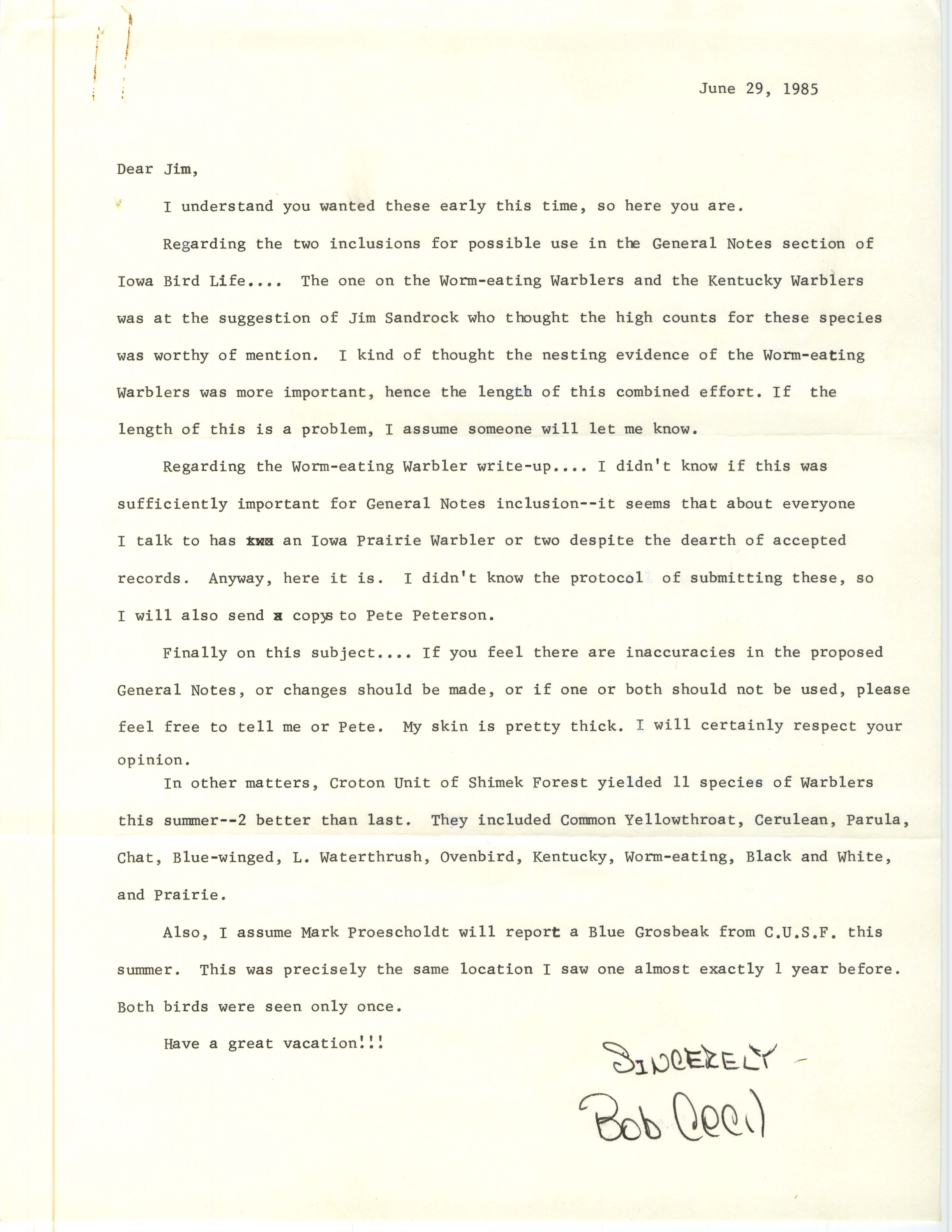 Robert I. Cecil letter to Jim Dinsmore regarding field note, June 29, 1985
