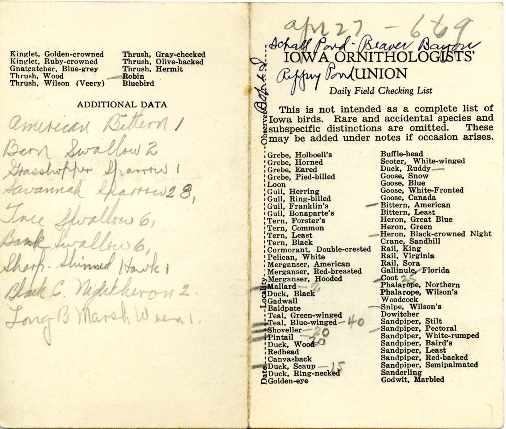 Daily field checking list, Walter Rosene, April 27, 1933