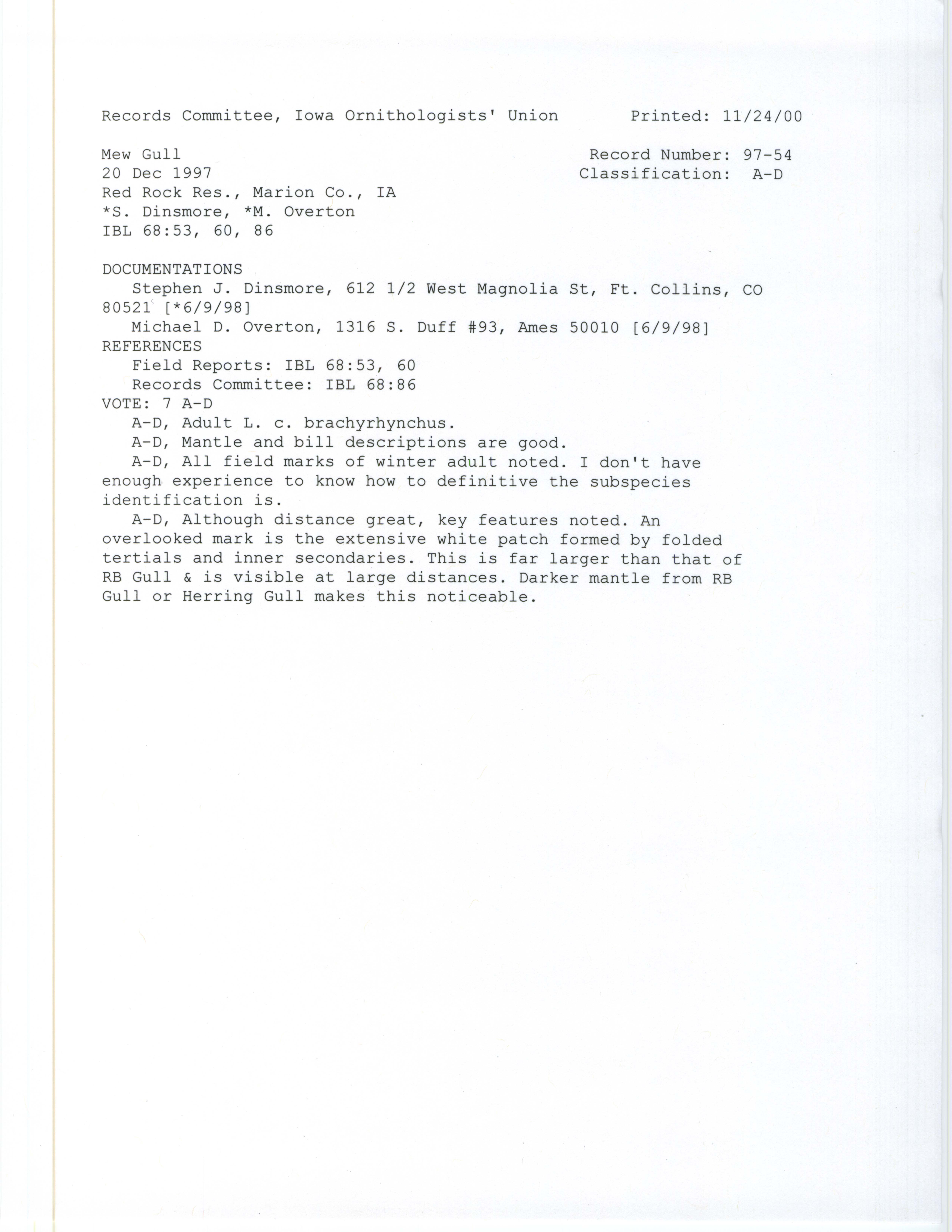 Records Committee review for rare bird sighting of Mew Gull at Red Rock Reservoir Dam, 1997