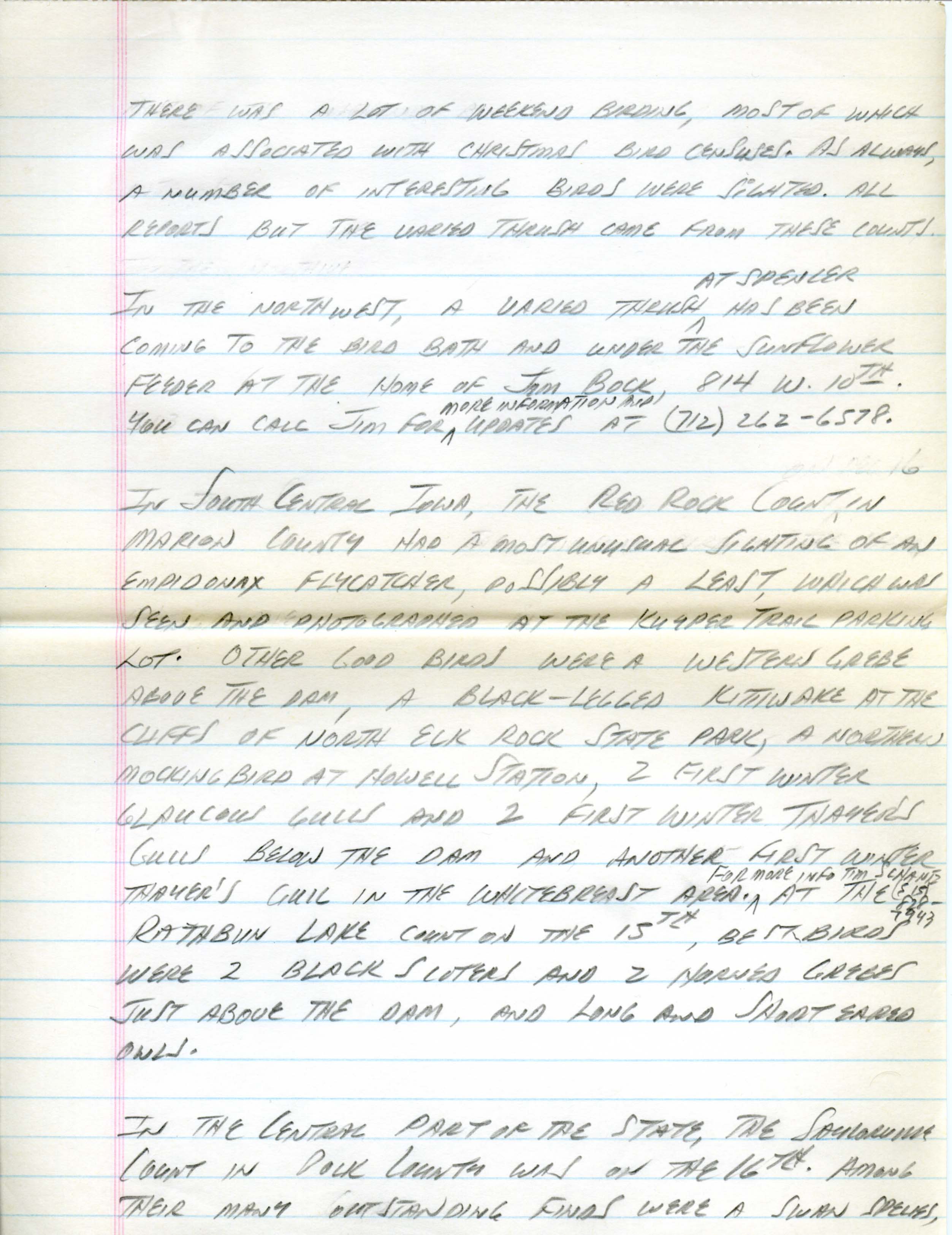 Iowa Birdline update, circa December 16, 1990, notes