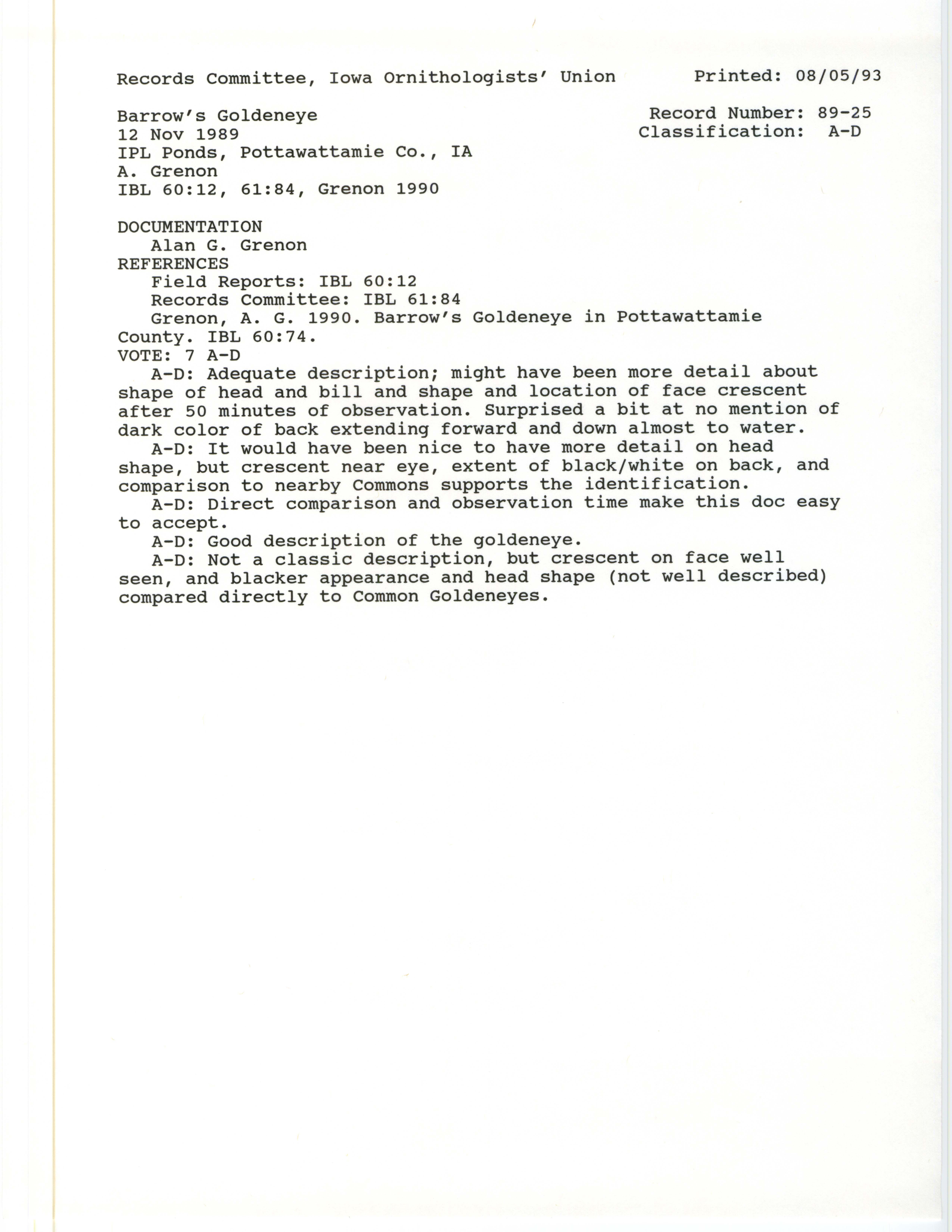 Records Committee review for rare bird sighting for Barrow's Goldeneye at IPL Ponds, 1989