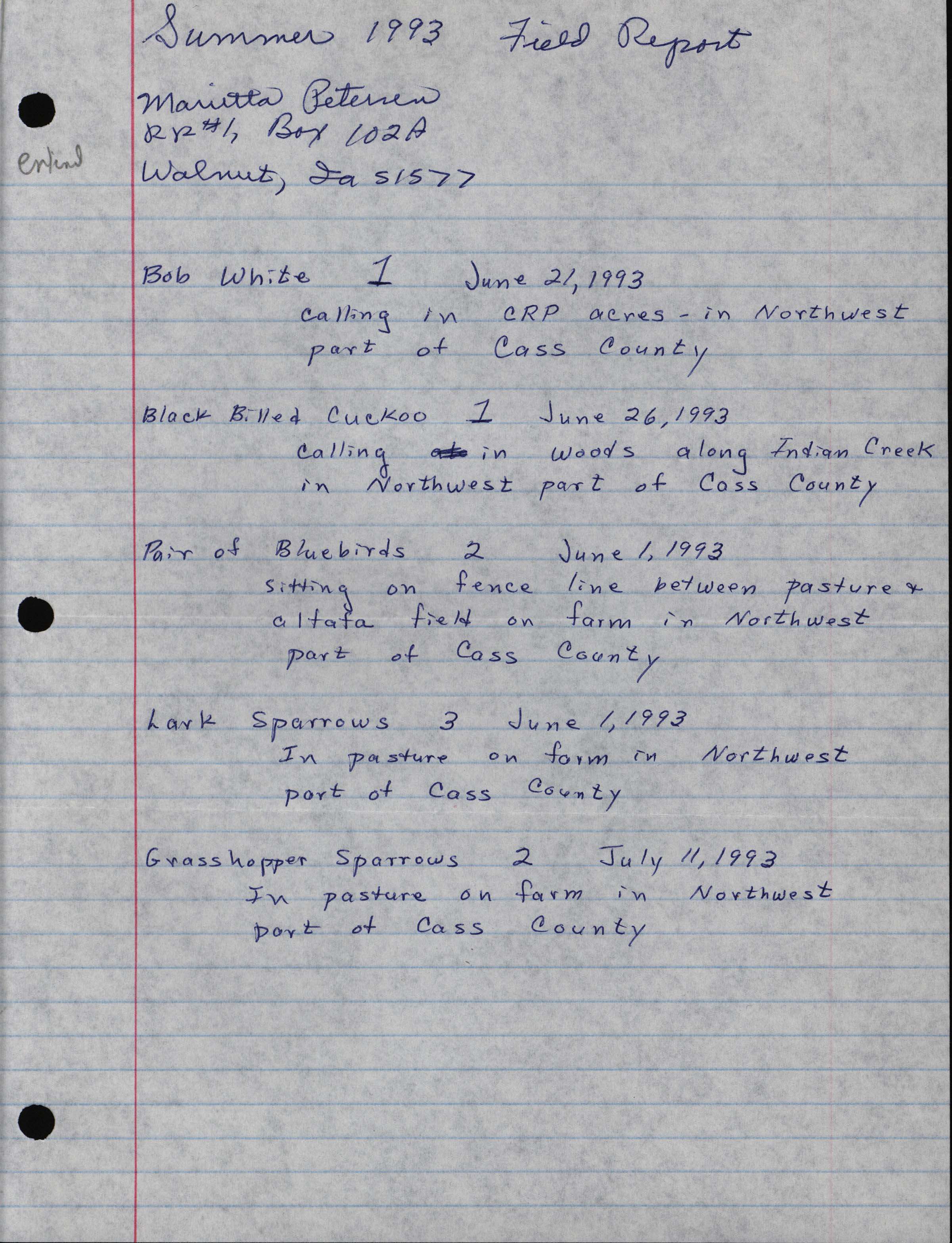 Field notes contributed by Marietta Petersen, summer 1993