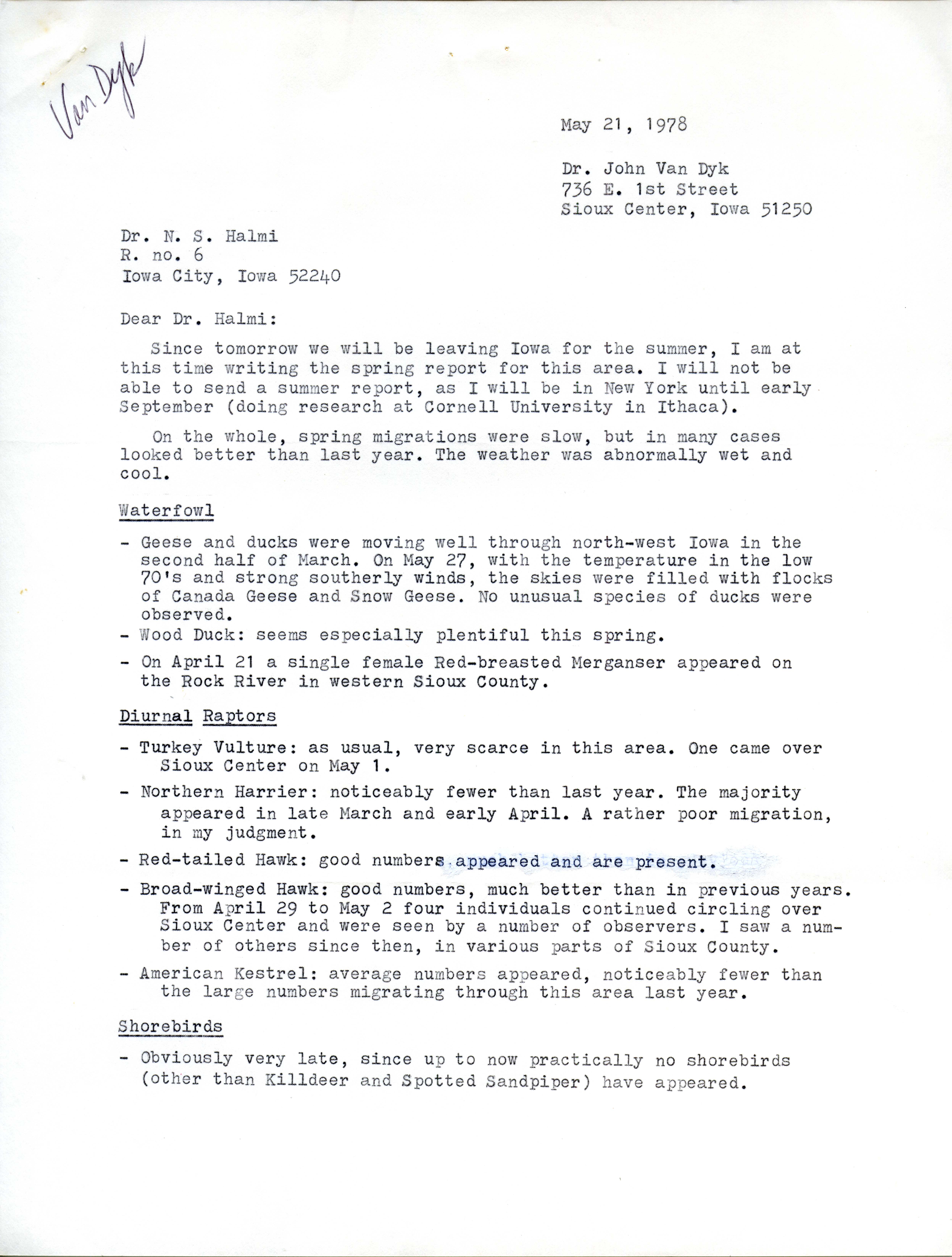 Jon Van Dyk letter to Nicholas S. Halmi regarding bird sightings, May 21, 1978