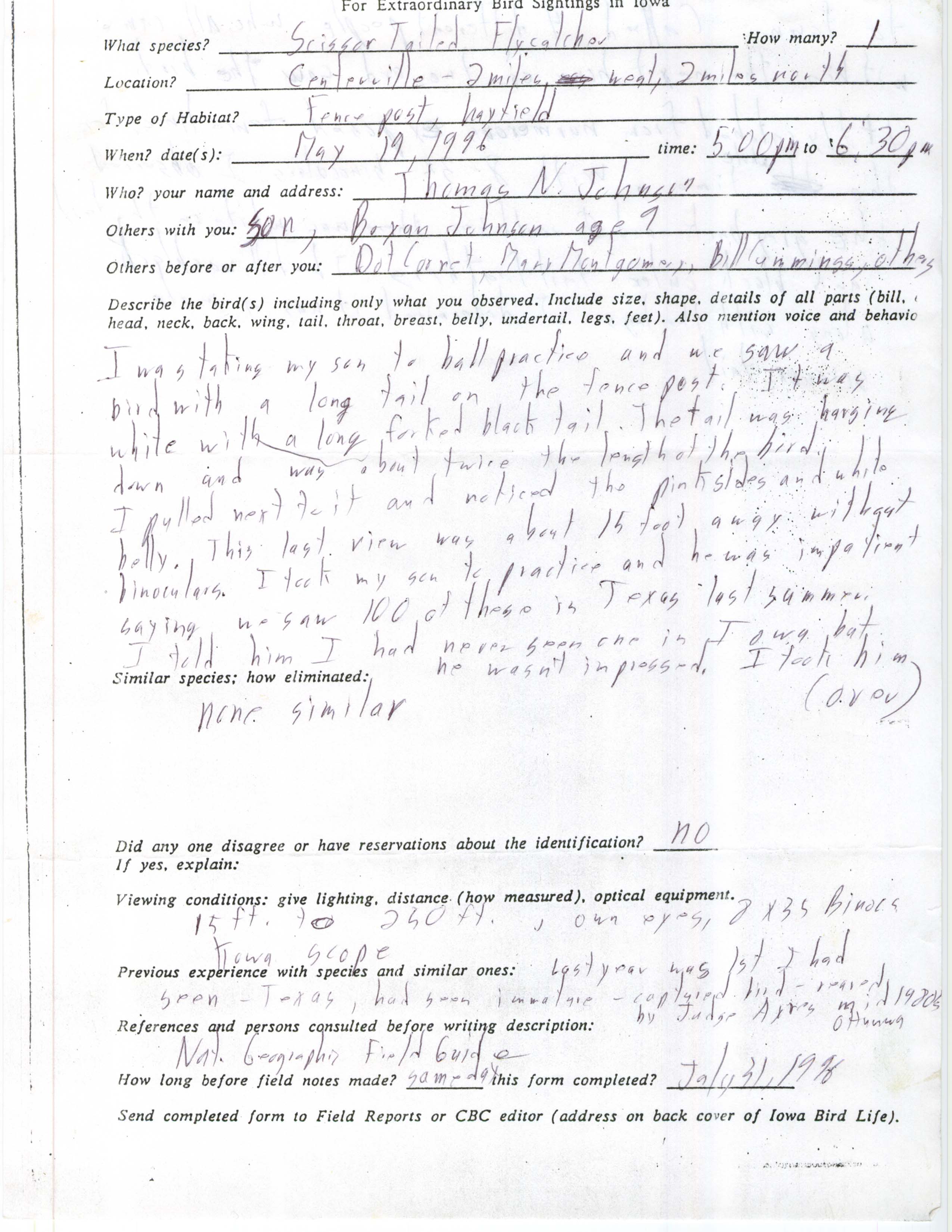 Rare bird documentation form for Scissor-tailed Flycatcher west and north of Centerville, 1996