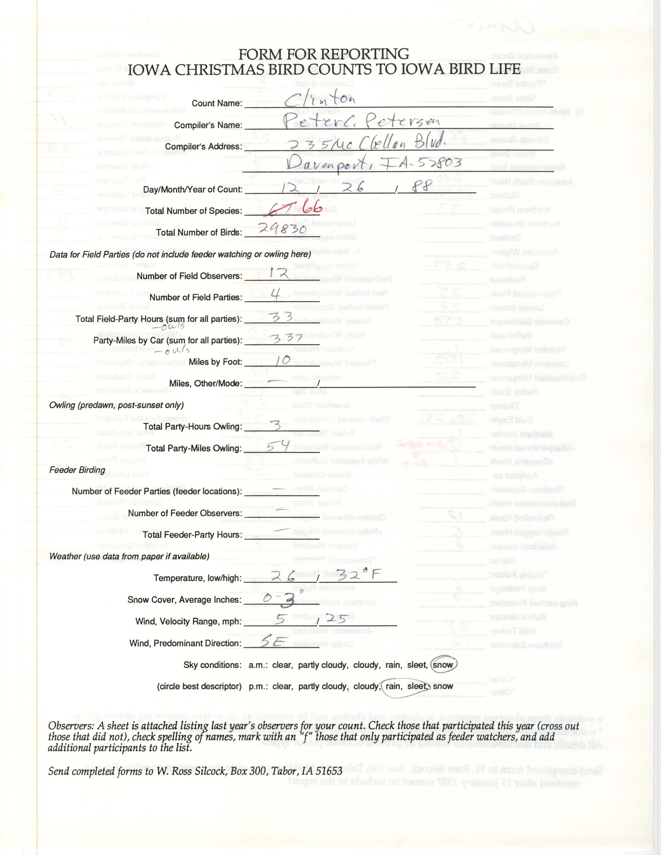 Form for reporting Iowa Christmas bird counts to Iowa Bird Life, Peter C. Petersen, December 26, 1988