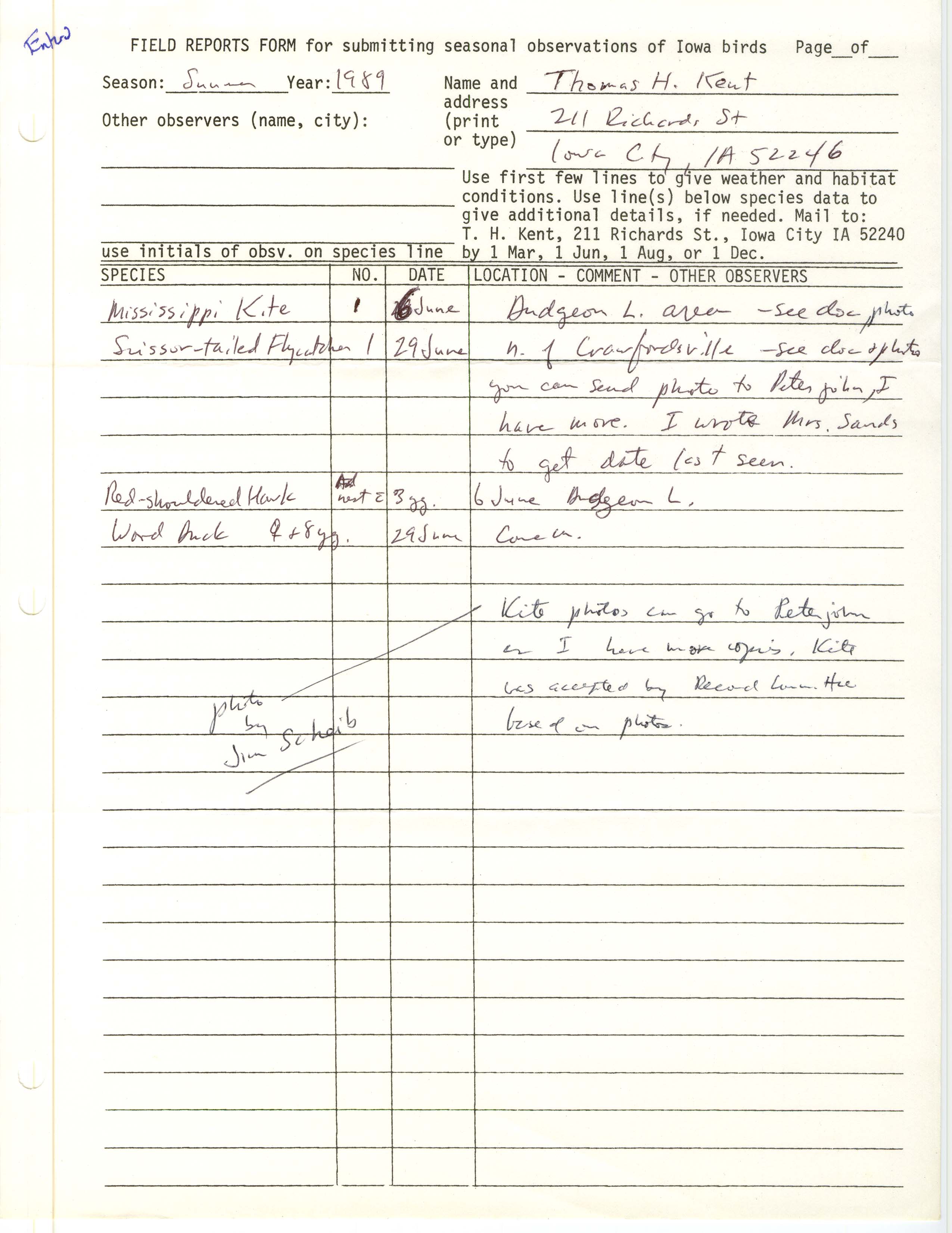 Field reports form for submitting seasonal observations of Iowa birds, Thomas H. Kent, summer 1989