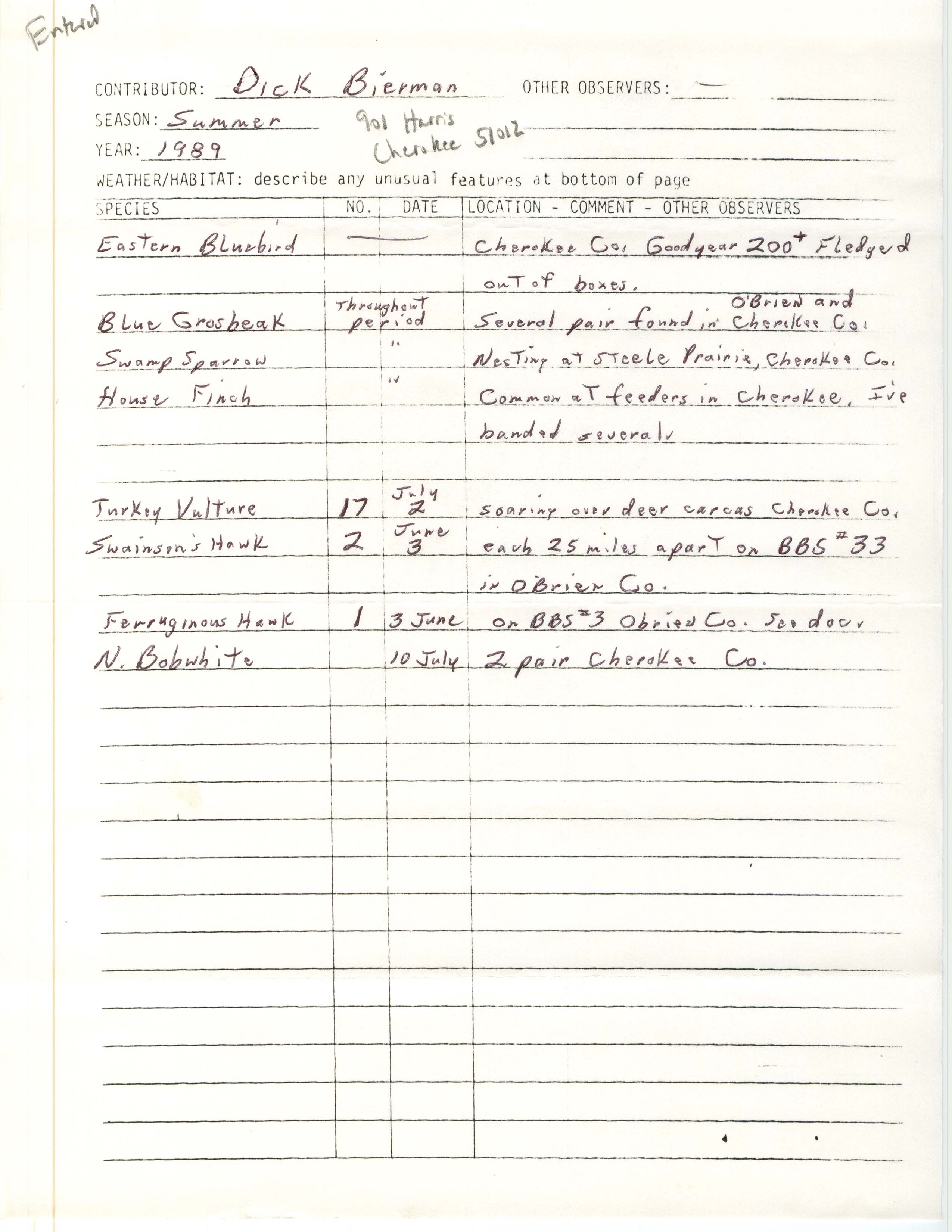 Field notes contributed by Dick Bierman, summer 1989