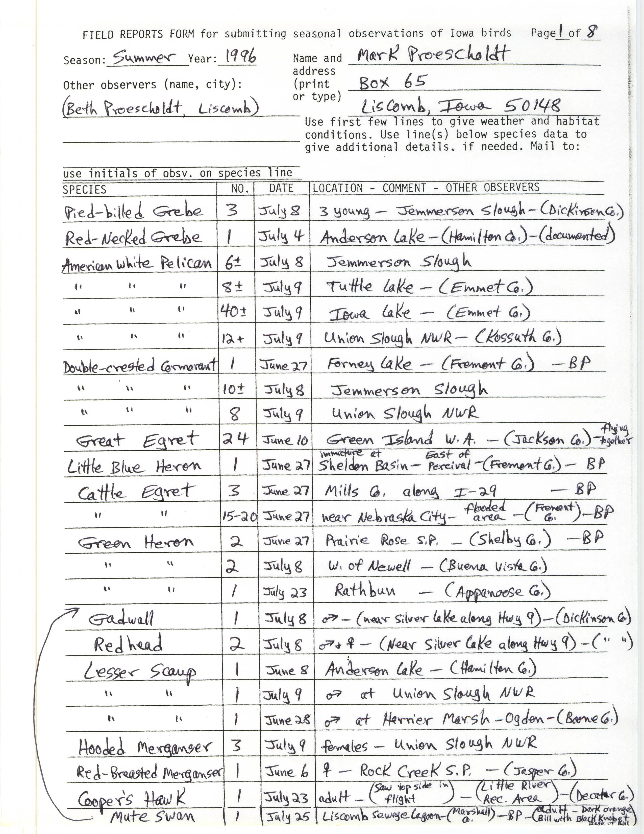 Field reports form for submitting seasonal observations of Iowa birds, Mark Proescholdt, summer 1996