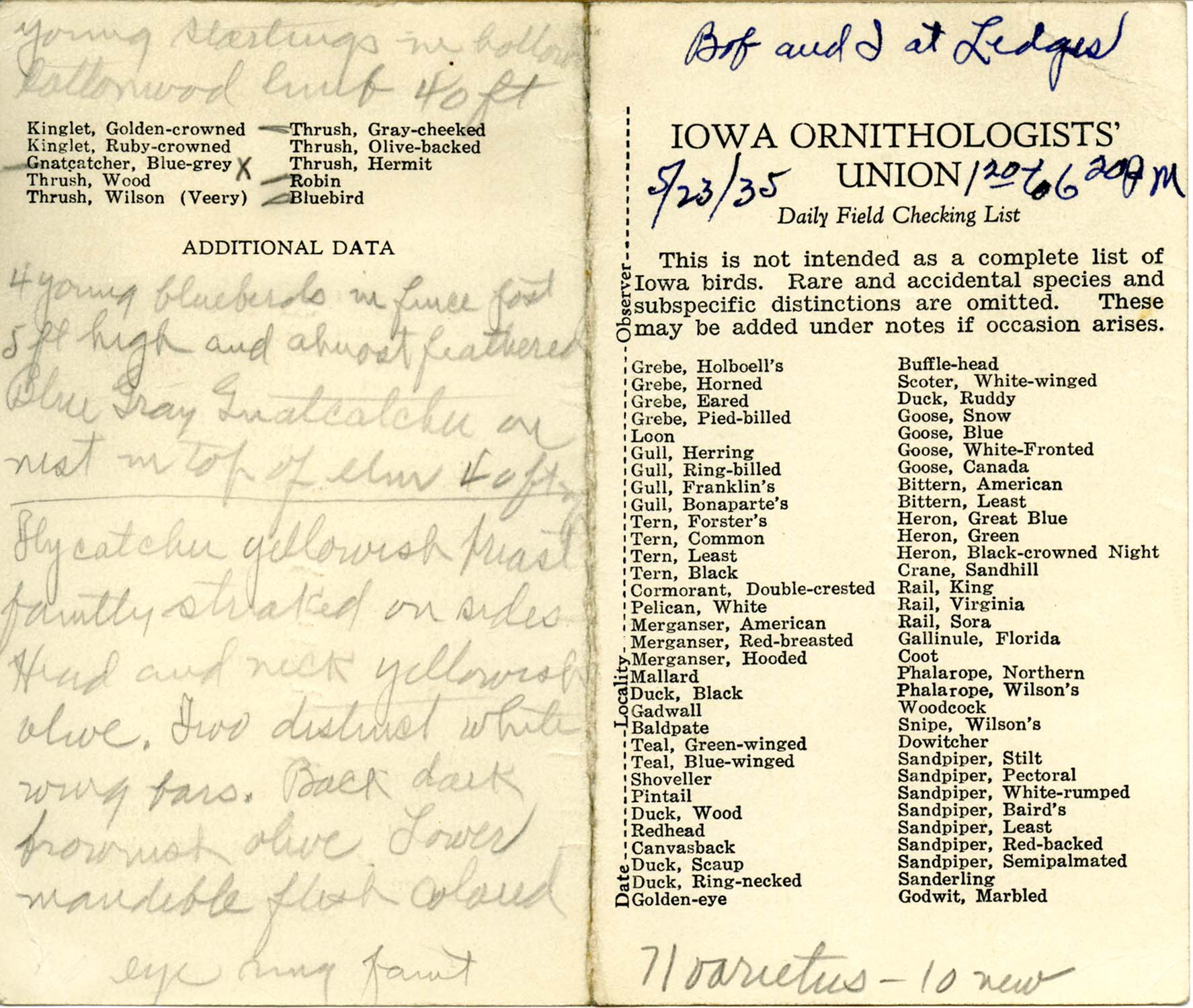 Daily field checking list, Walter Rosene, May 23, 1935