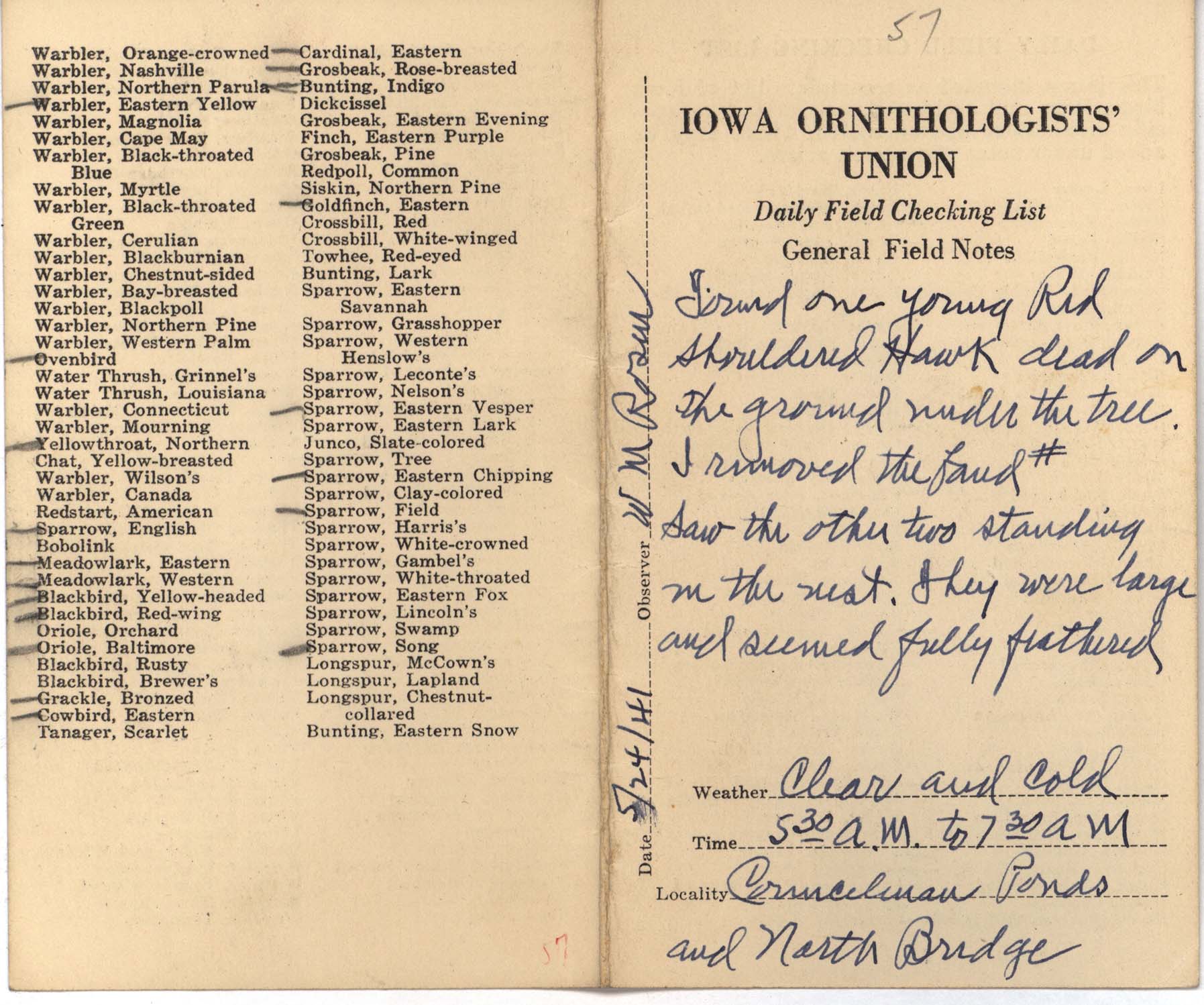 Daily field checking list by Walter Rosene, May 24, 1941
