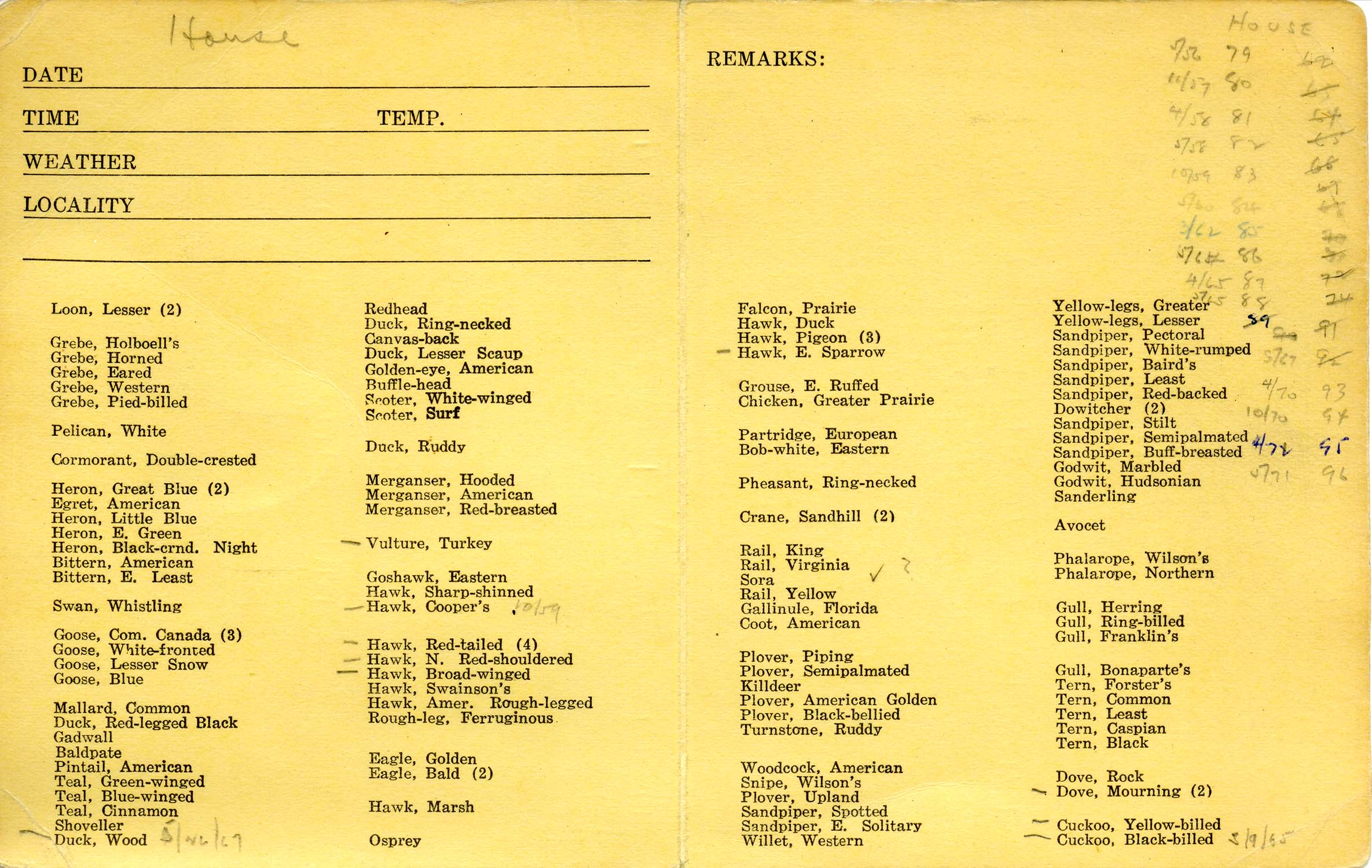 Bird checklist compiled by Woodward H. Brown covering 1948-1972