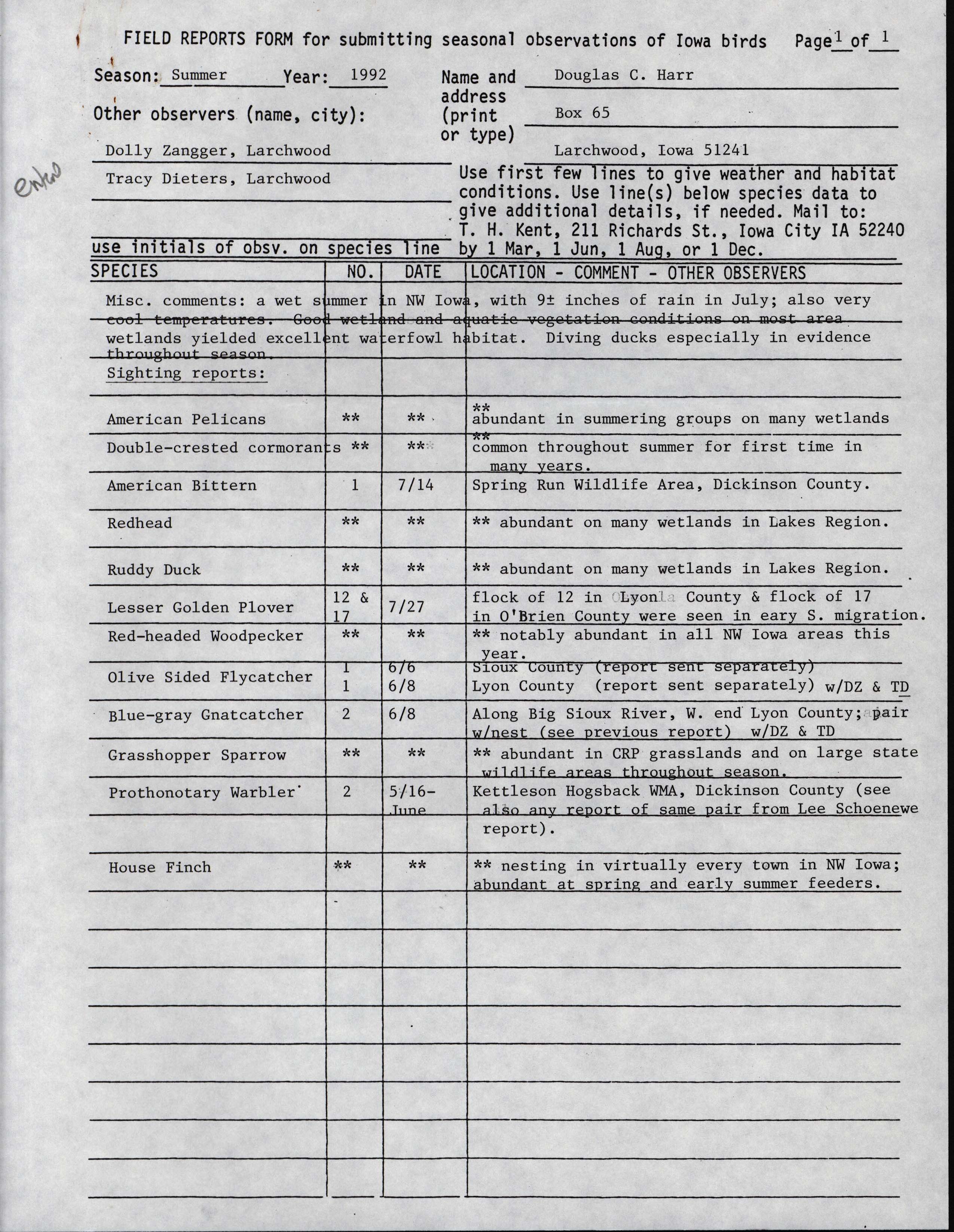 Field reports form for submitting seasonal observations of Iowa birds and letter to James J. Dinsmore contributed by Douglas C. Harr, July 31, 1992