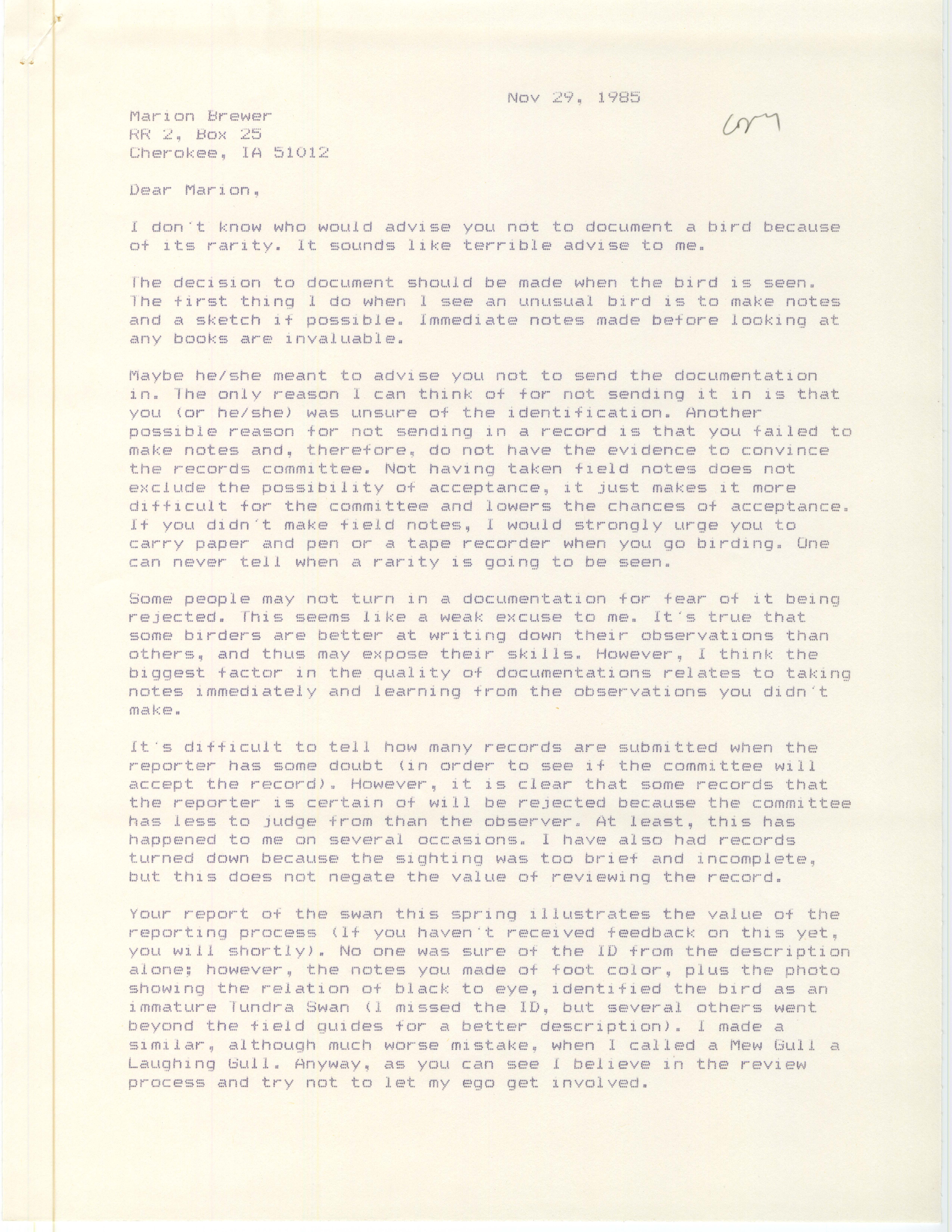 Thomas Kent letter to Marion Brewer regarding documenting sightings, November 29, 1985