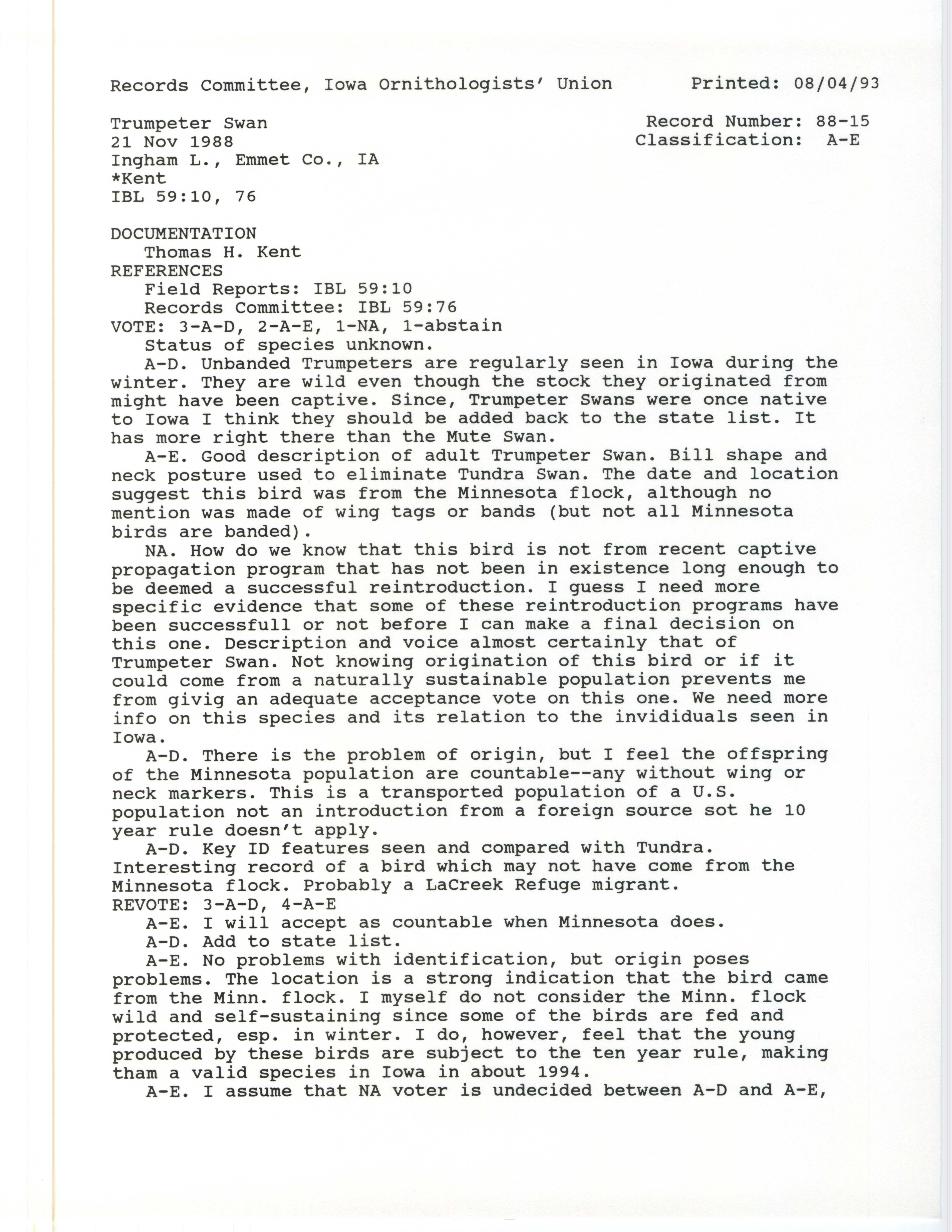 Records Committee review for rare bird sighting of Trumpeter Swan at Ingham Lake, 1988