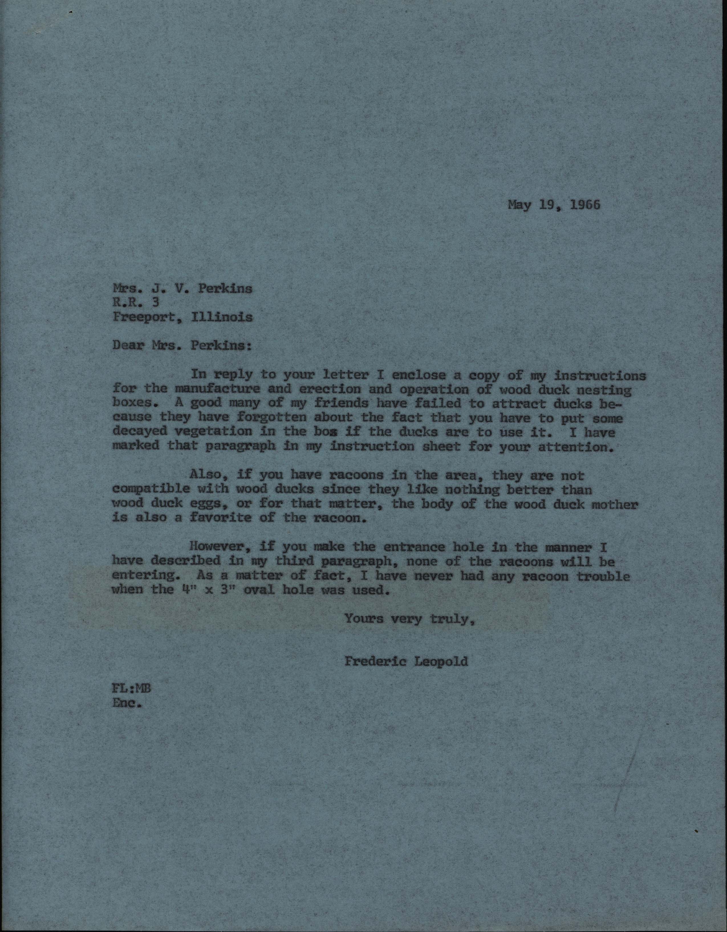 Frederic Leopold letter to Stella M. Perkins regarding Wood Duck houses, May 19, 1966