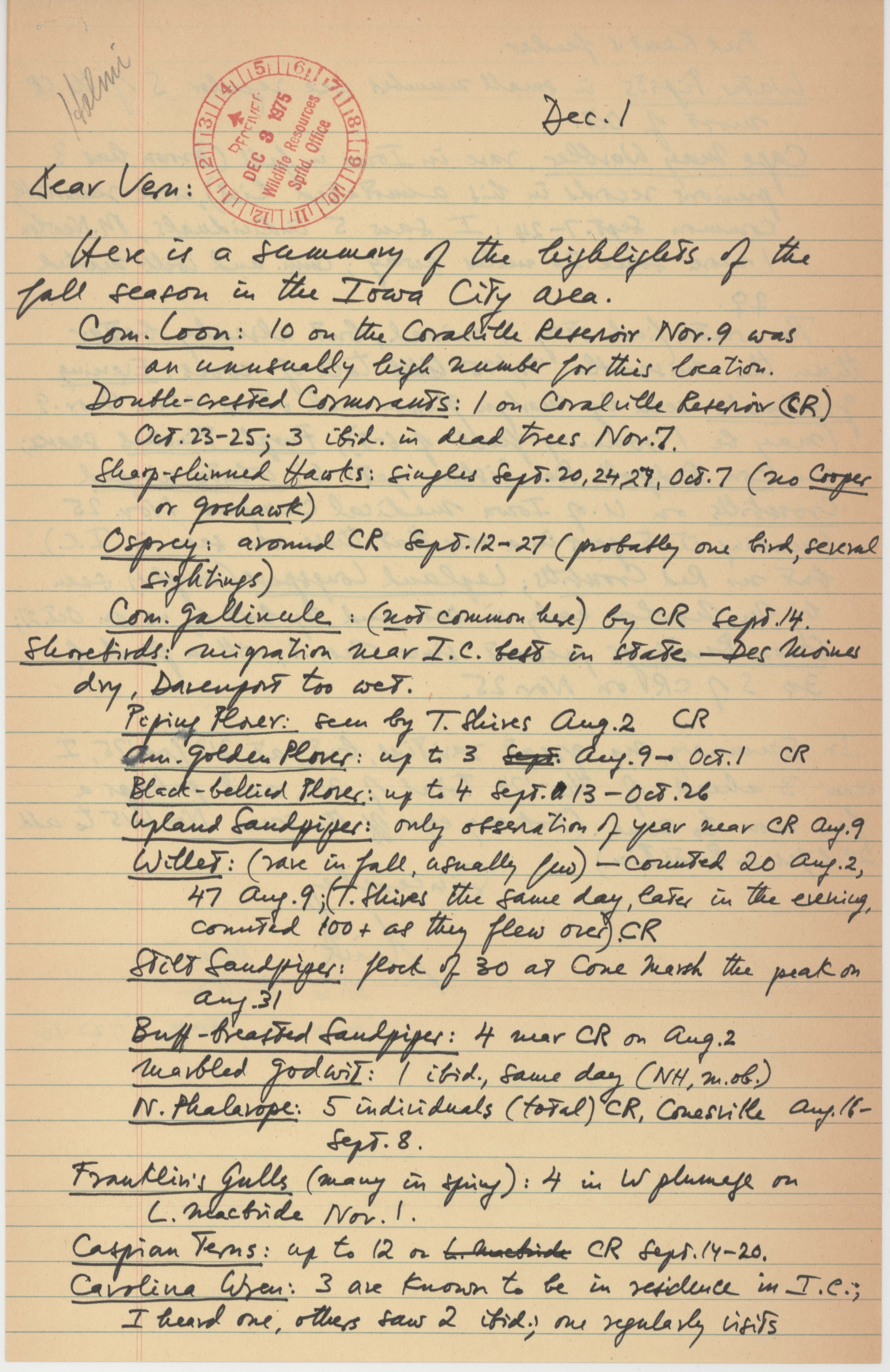 Nicholas S. Halmi letter to Vernon M. Kleen regarding birds sighted around Iowa City during fall 1975, December 1, 1975