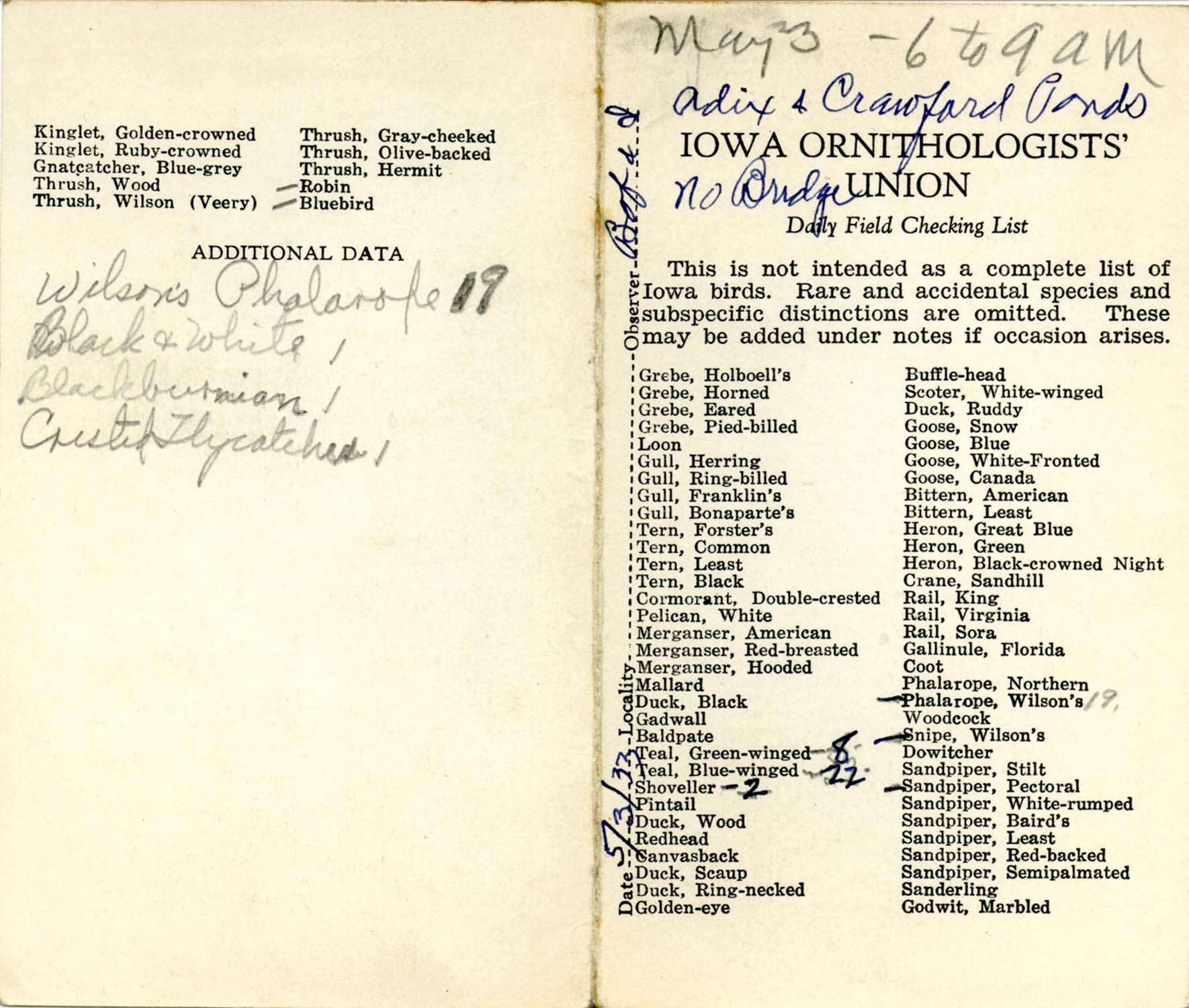 Daily field checking list, Walter Rosene, May 3, 1933