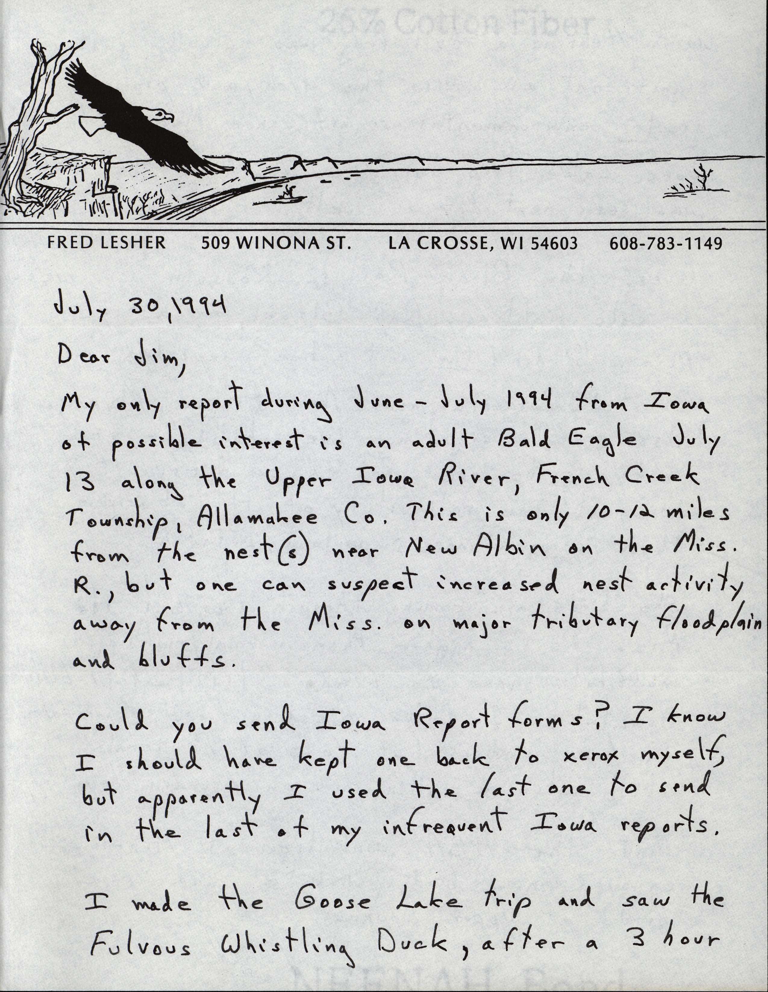 Fred Lesher letter to Jim Dinsmore regarding Bald Eagle sighting, July 30, 1994
