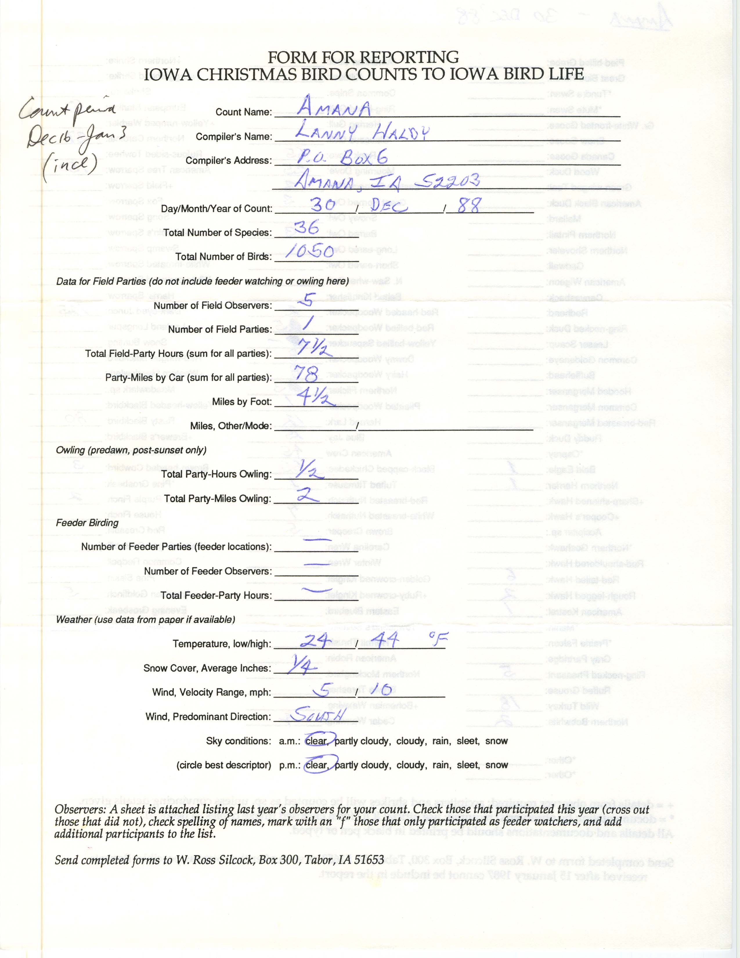 Form for reporting Iowa Christmas bird counts to Iowa Bird Life, Lanny Haldy, December 30, 1988