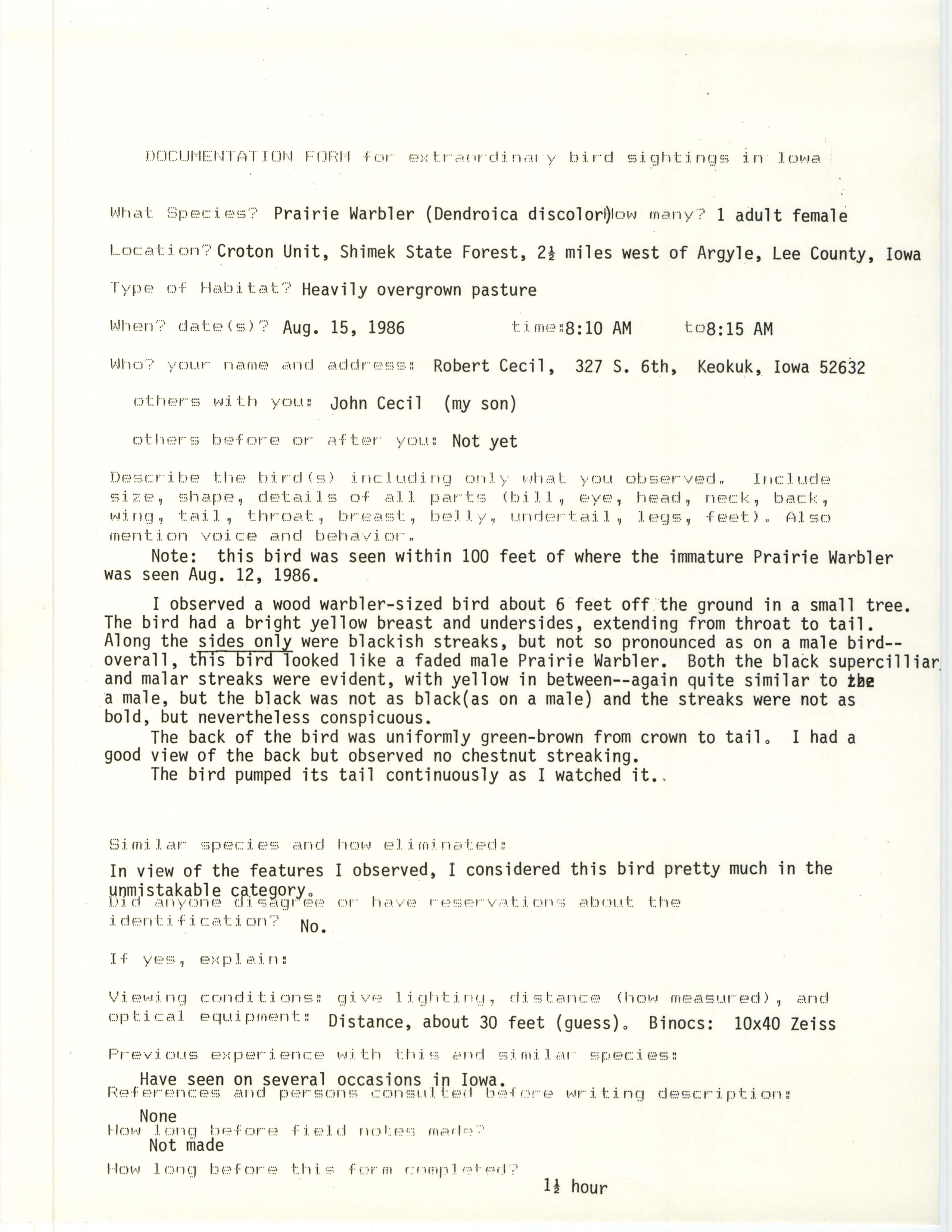 Rare bird documentation form for Prairie Warbler at the Croton Unit in Shimek State Forest, 1986