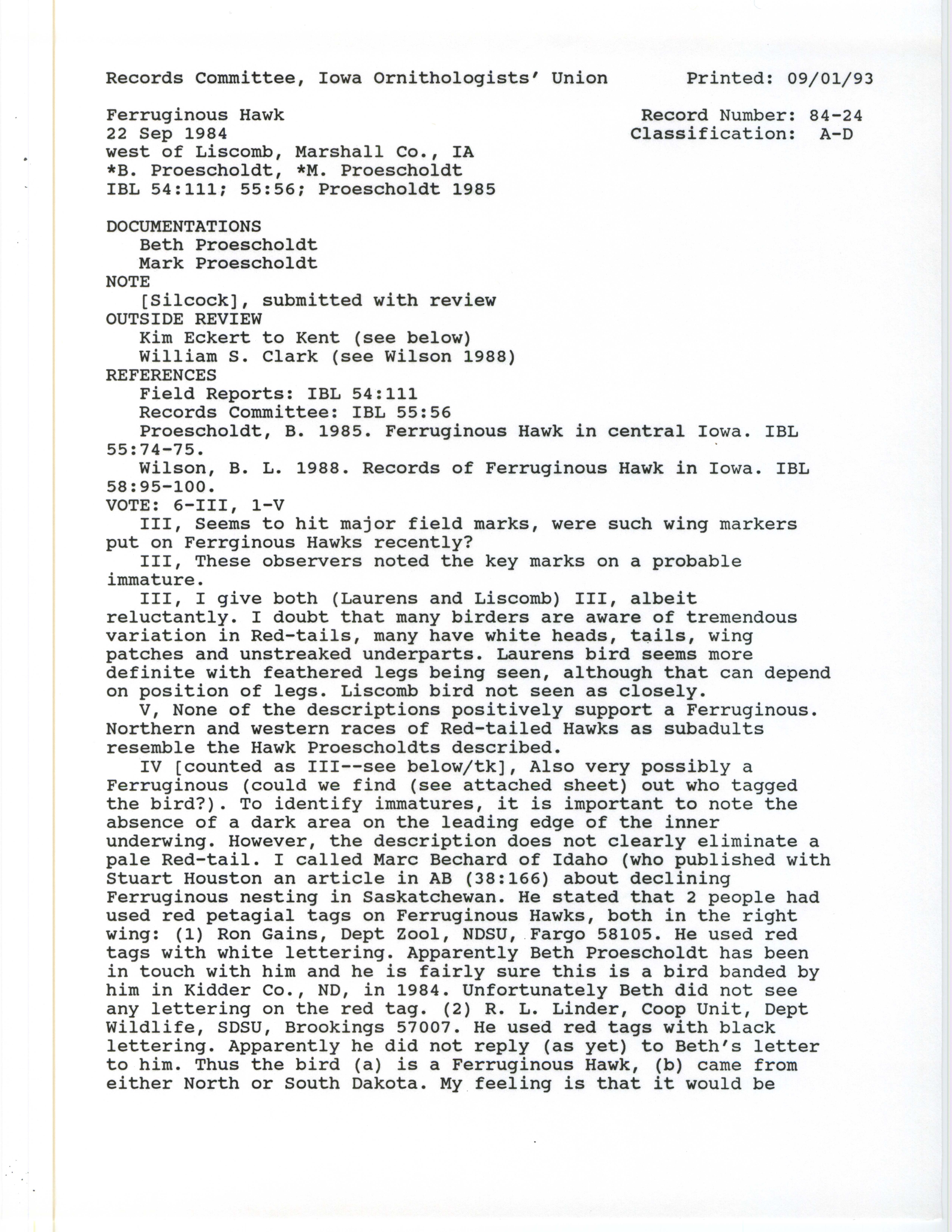 Records Committee review for rare bird sighting of Ferruginous Hawk west of Liscomb, 1984