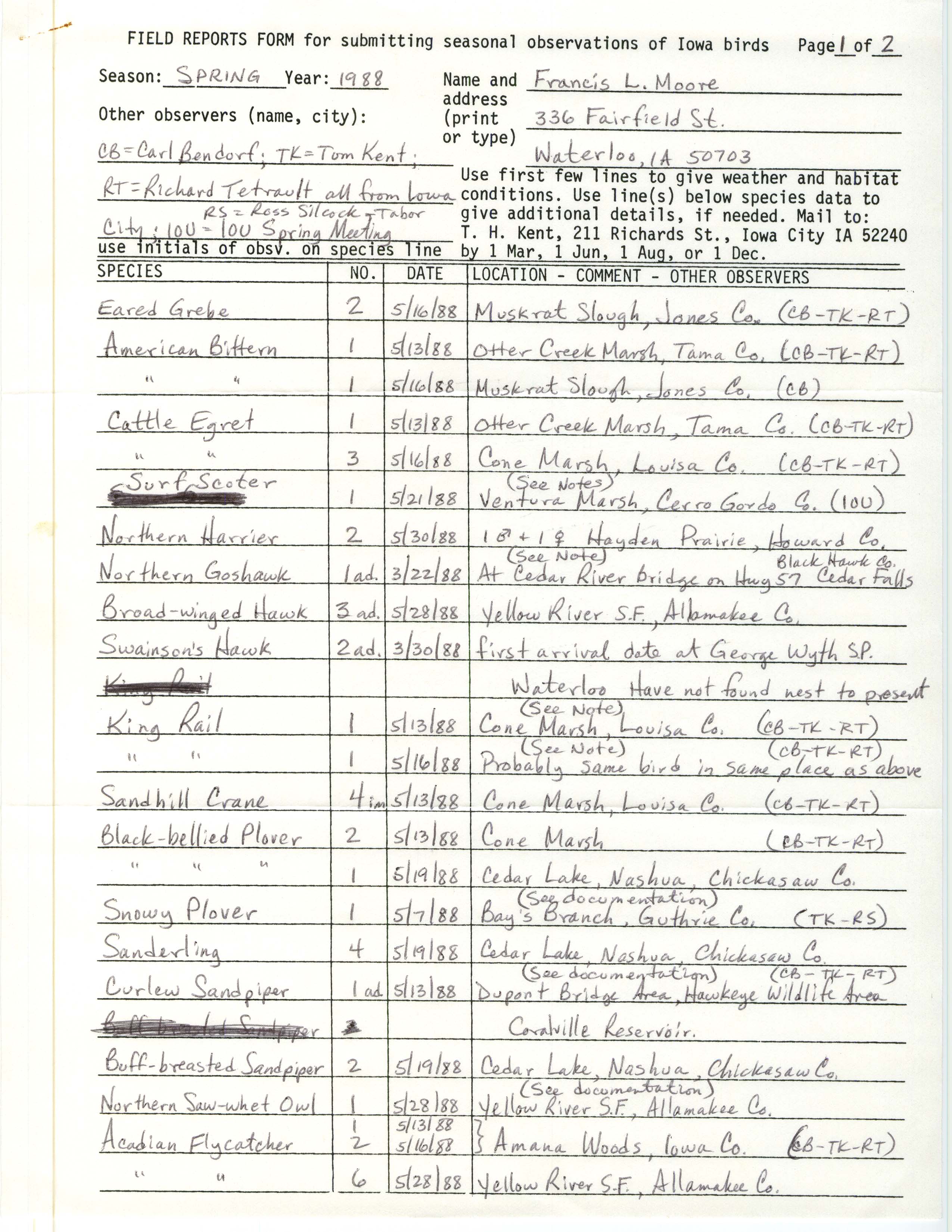 Field reports form for submitting seasonal observations of Iowa birds, Francis L. Moore, spring 1988
