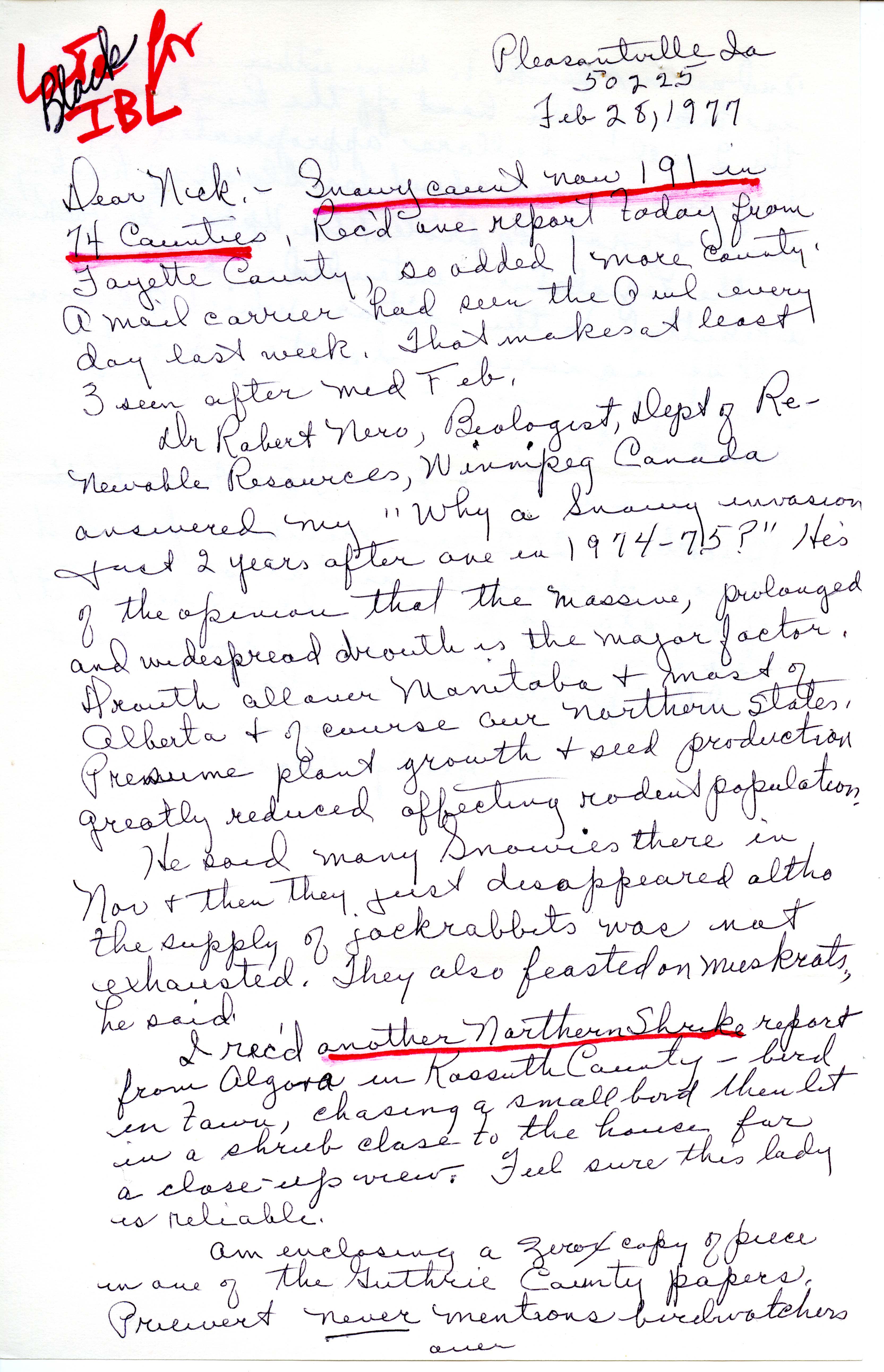 Gladys Black letter to Nicholas S. Halmi regarding bird counts of Snowy Owl and Northern Shrike, February 28, 1977