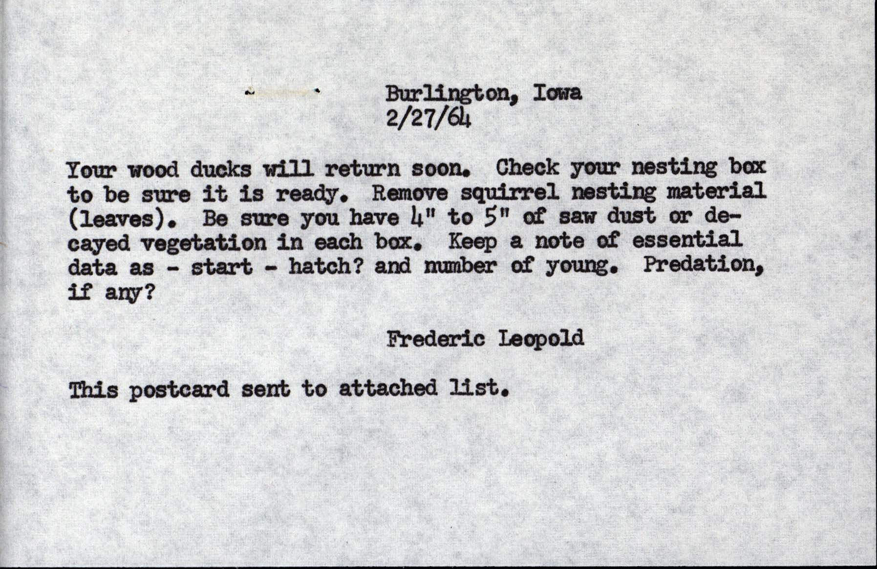 Documents regarding a Wood Duck study, February 27, 1964