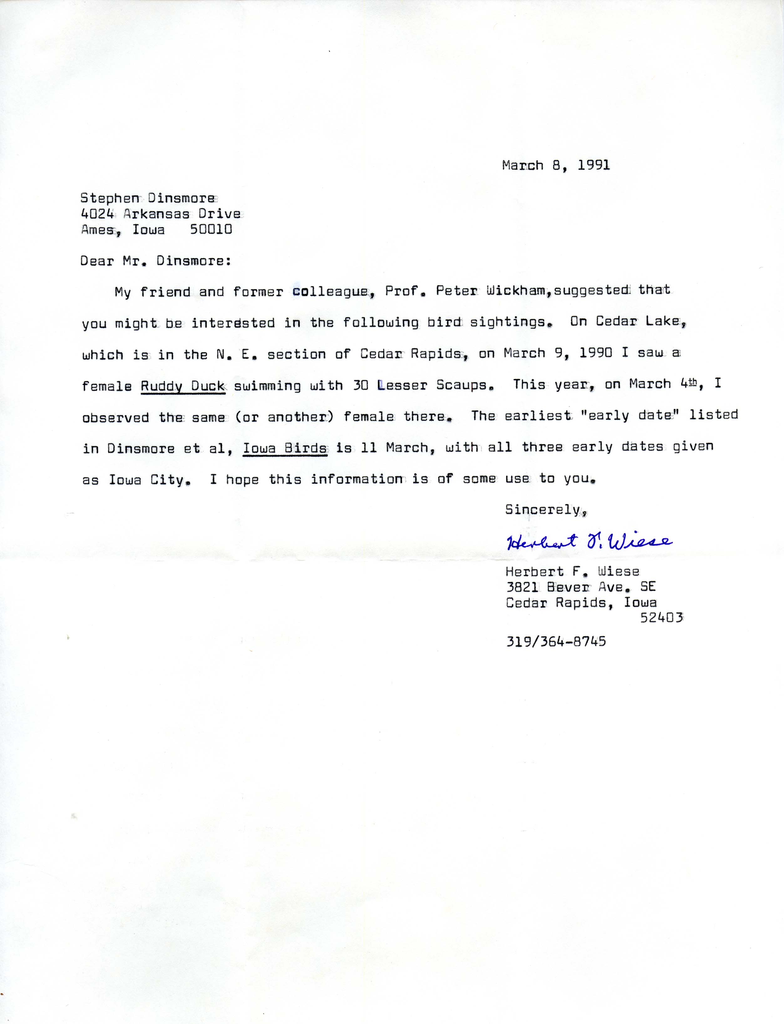 Herbert F. Wiese letter to Stephen Dinsmore regarding bird sightings for IOU quarterly field reports spring 1991, March 12, 1991