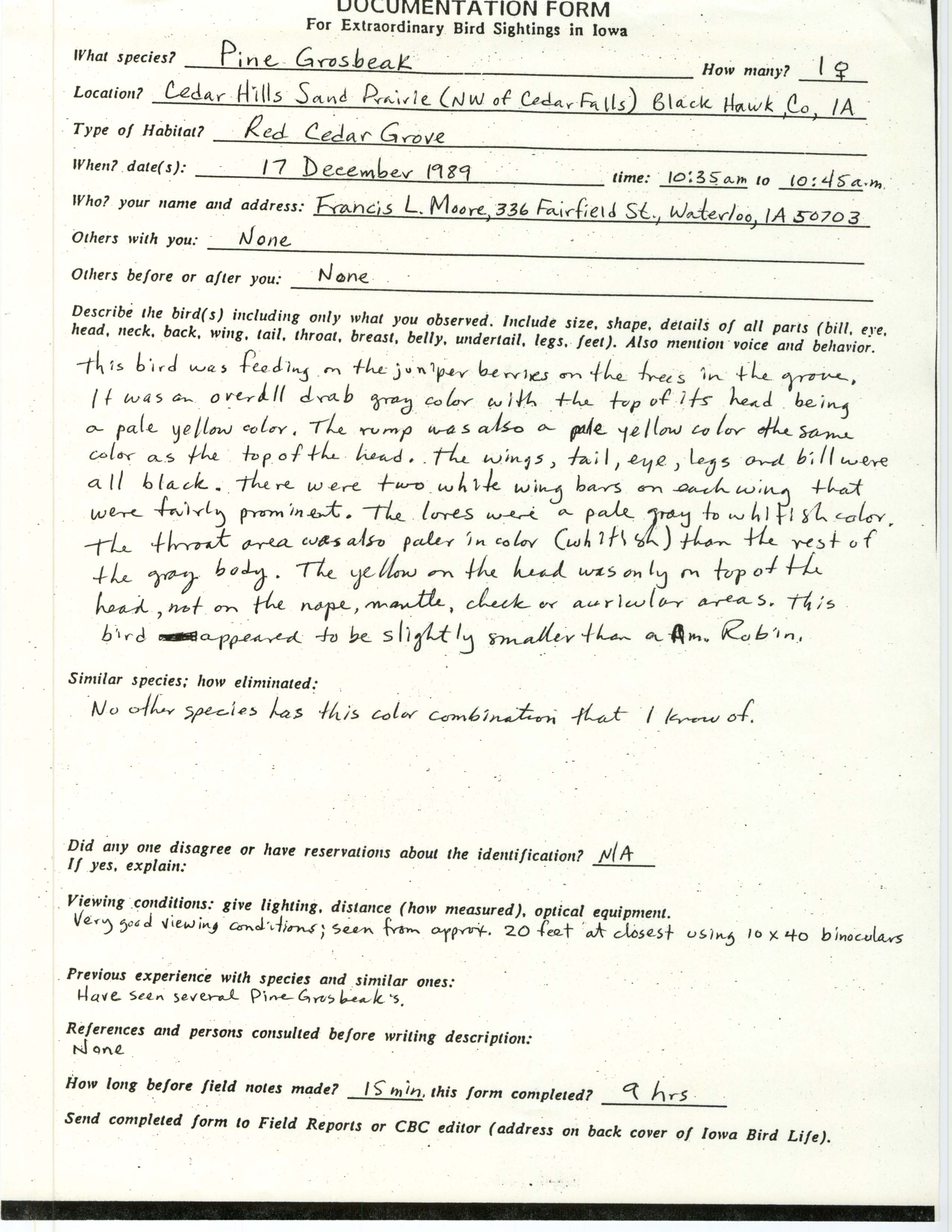 Rare bird documentation form for Pine Grosbeak at Cedar Hills Sand Prairie, 1989
