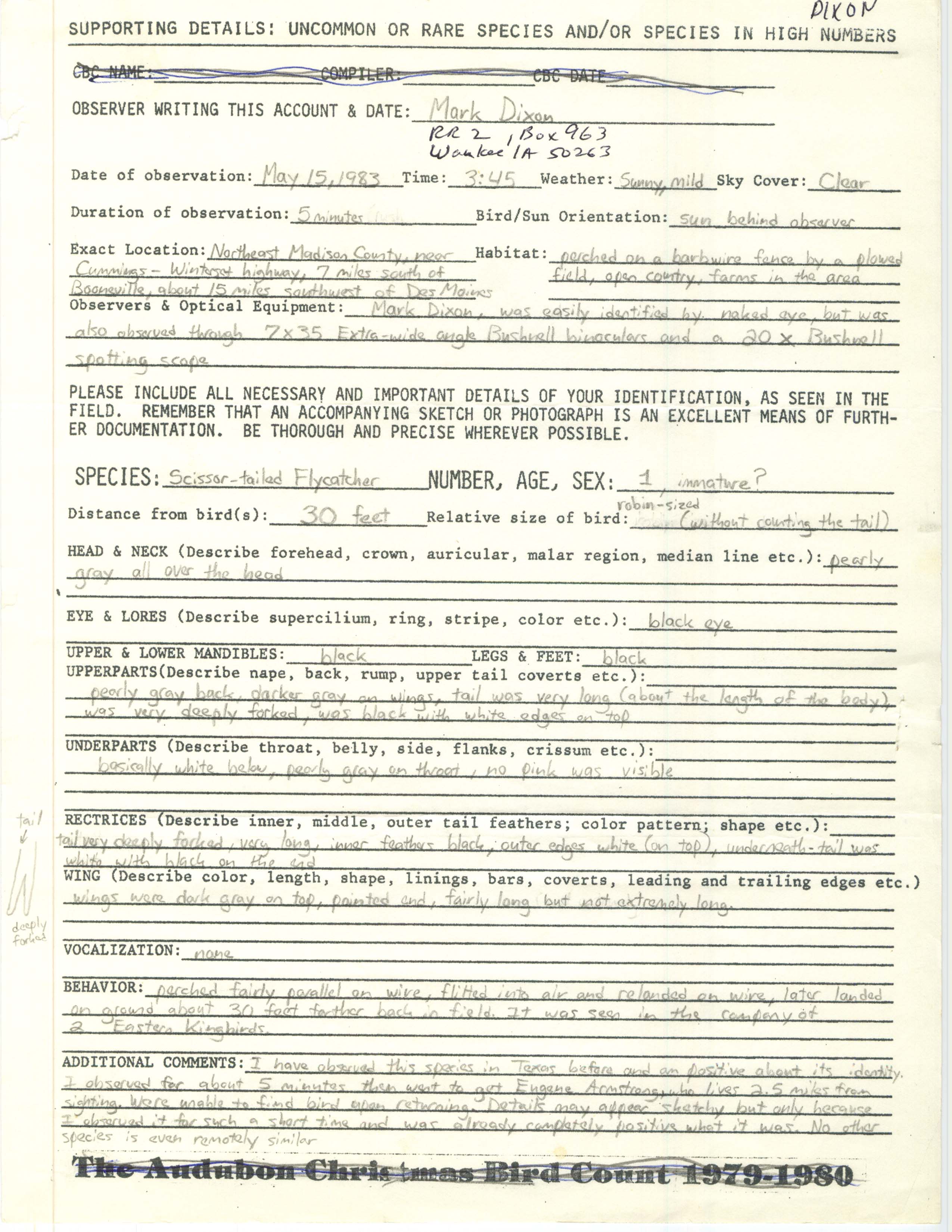 Rare bird documentation form for Scissor-tailed Flycatcher in northeast Madison County near Cumming in 1983