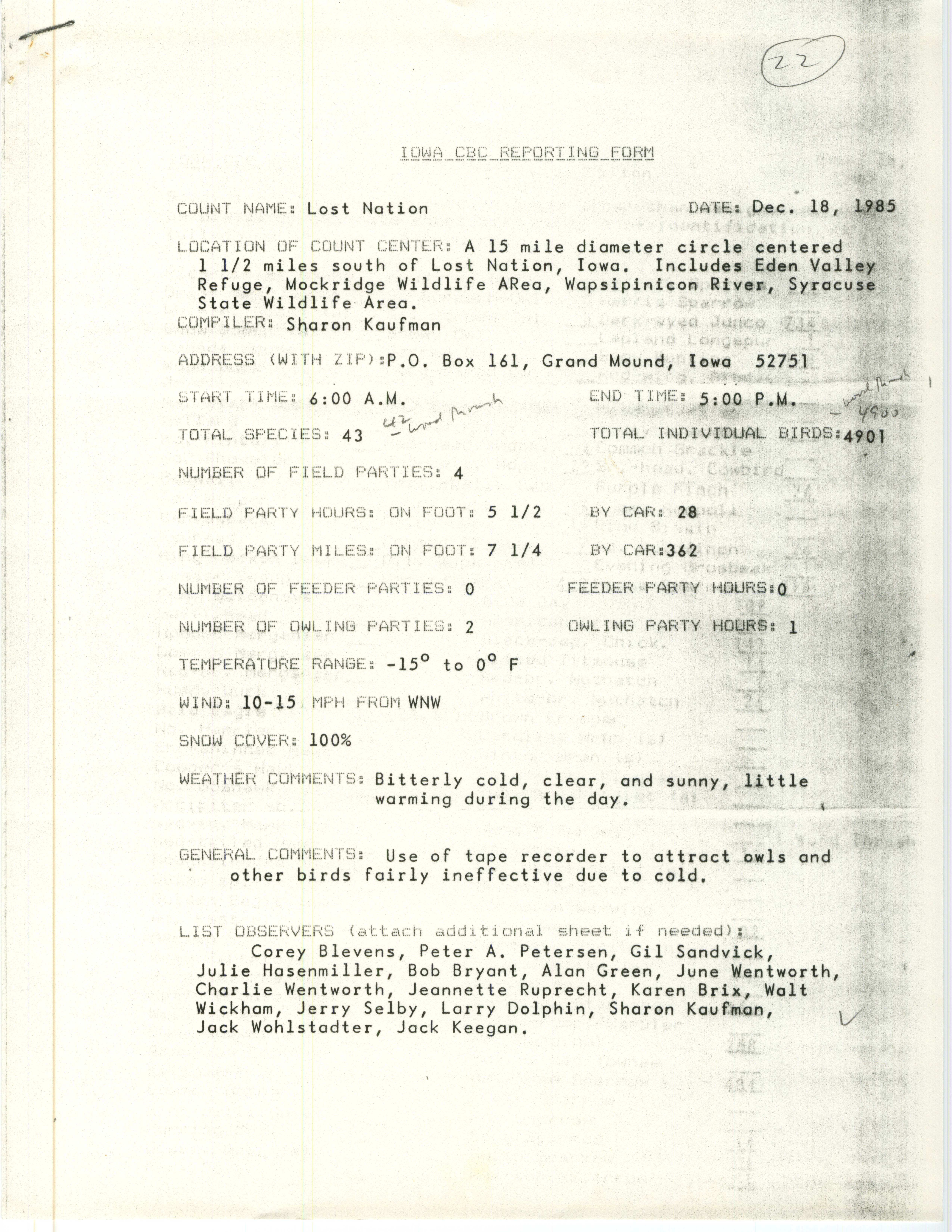 Iowa CBC reporting form, Lost Nation, December 18, 1985
