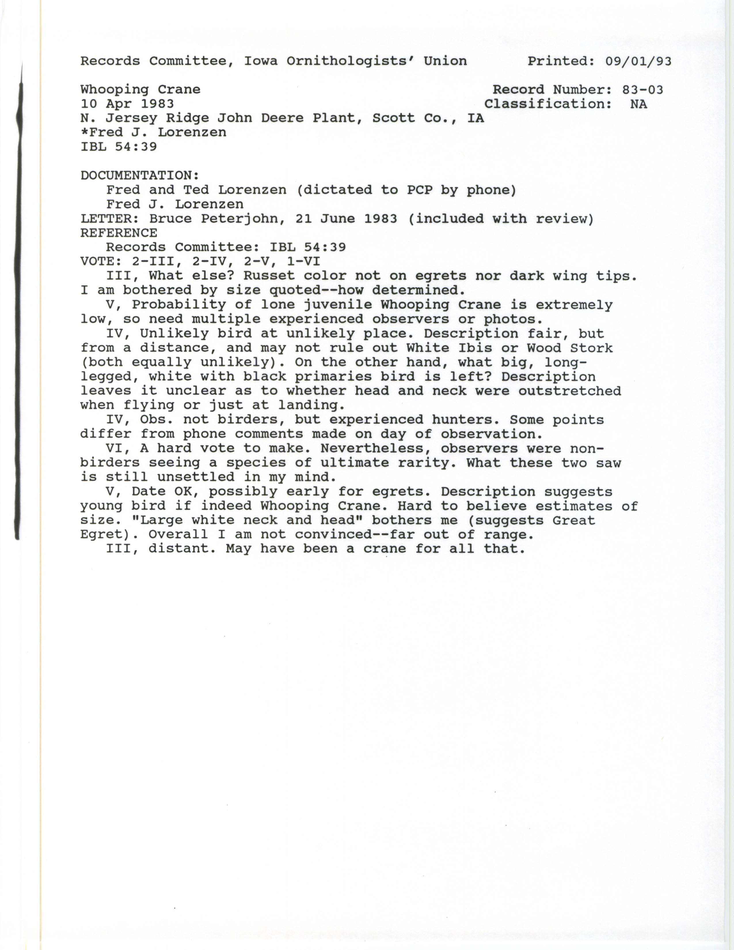 Records Committee review for rare bird sighting of Whooping Crane east of Davenport, 1983