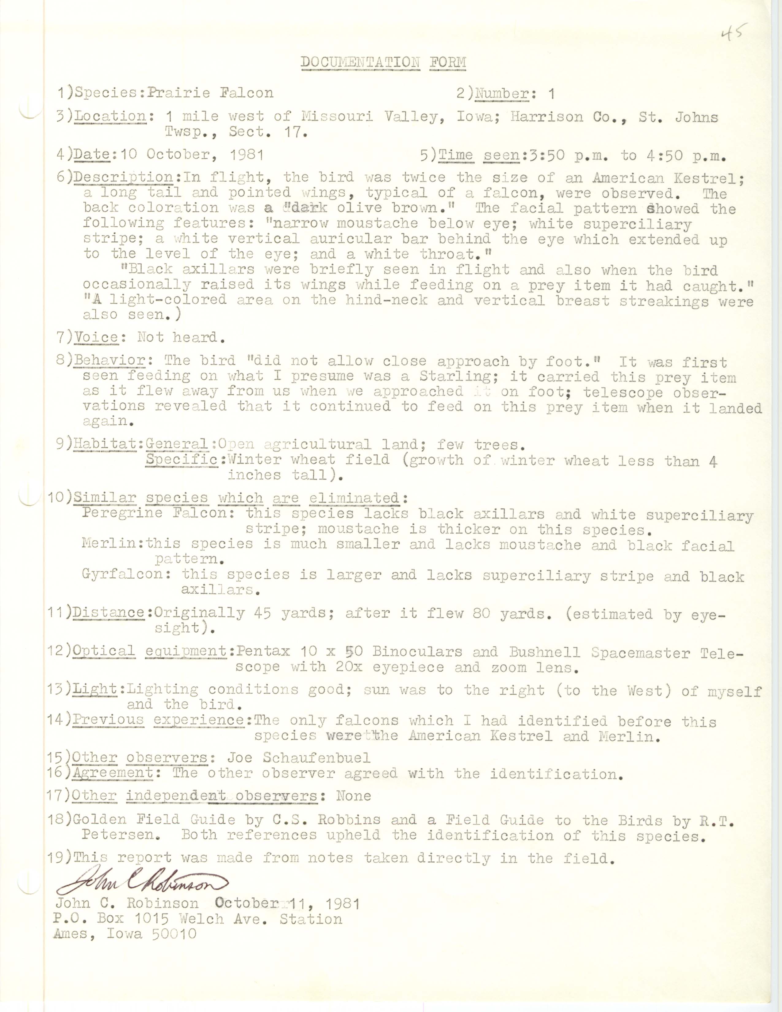 Rare bird documentation form for Prairie Falcon at St. Johns Township in Harrison County, 1981
