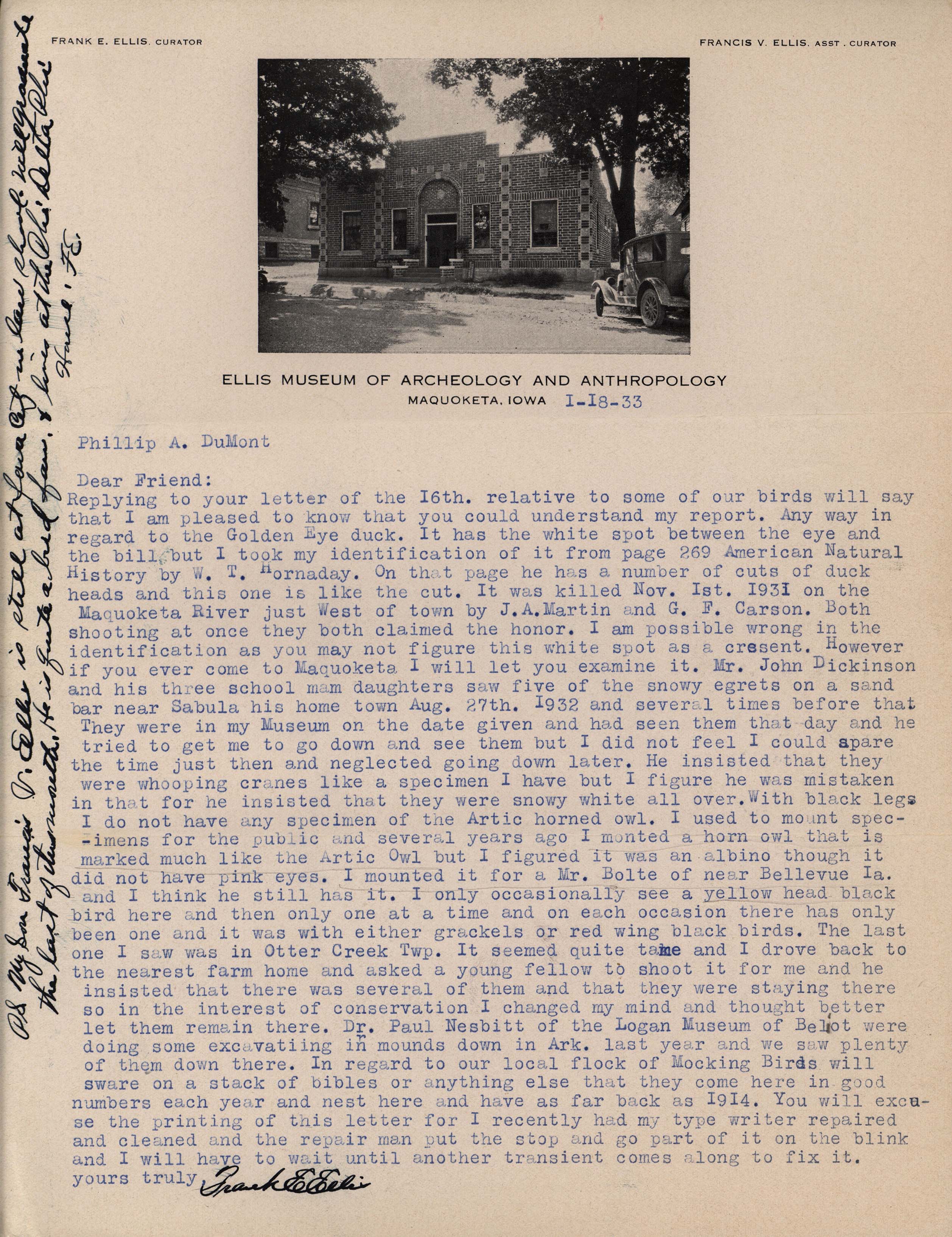 Frank Ellis letter to Philip DuMont regarding bird specimens and birds around Maquoketa, January 18, 1933