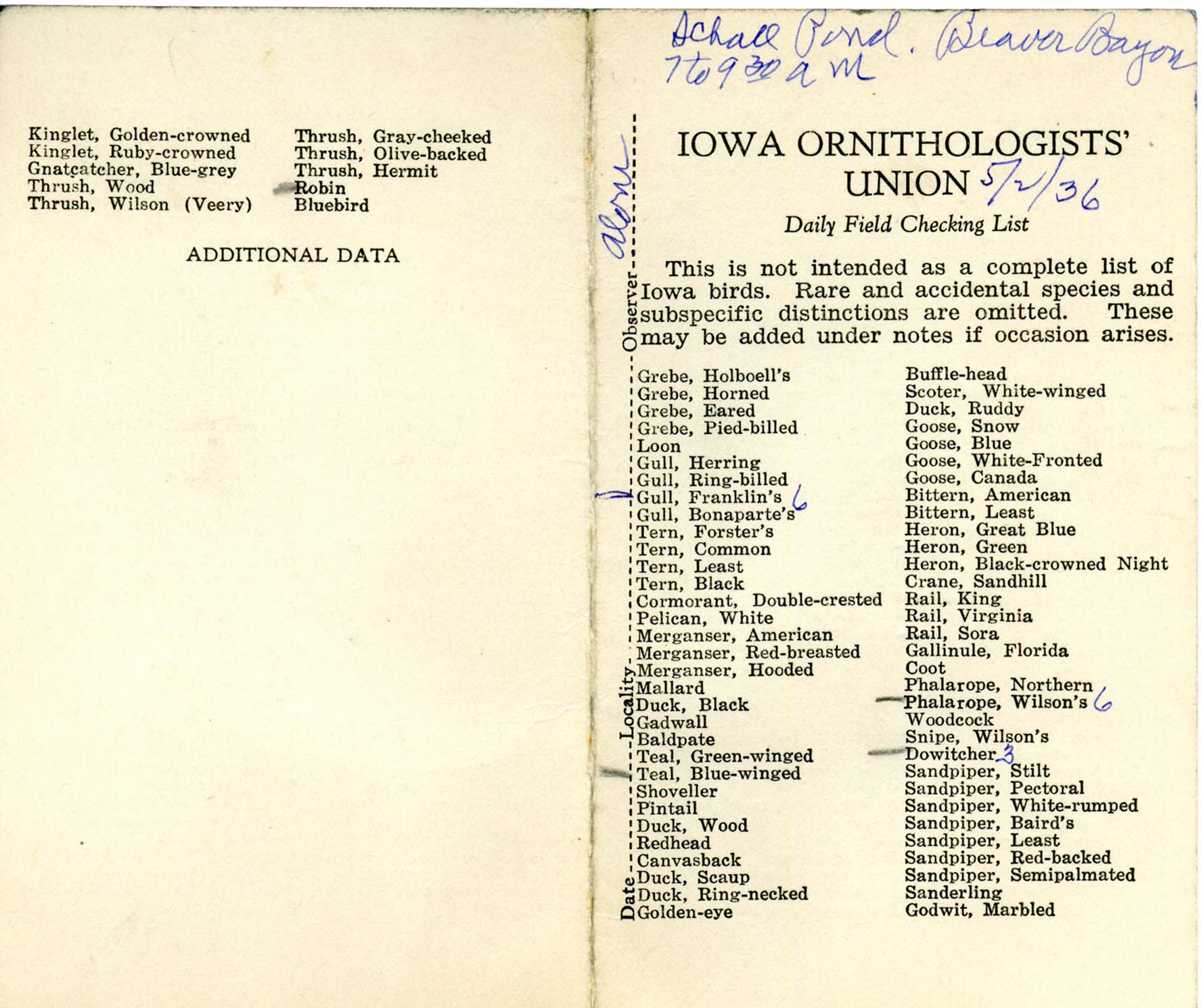 Daily field checking list by Walter Rosene, May 2, 1936