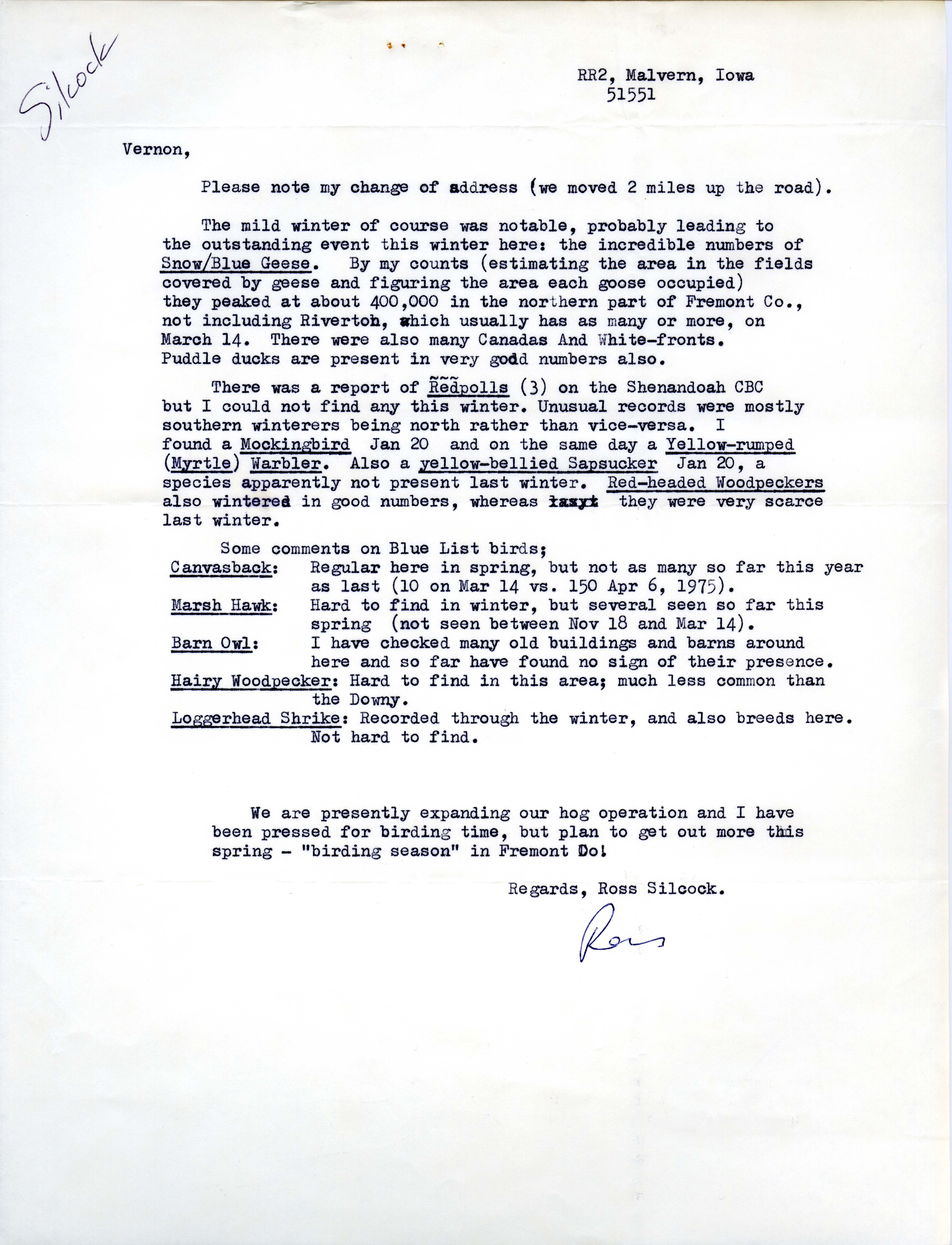 W. Ross Silcock letter to Vernon M. Kleen regarding bird observations for winter 1975/1976, undated