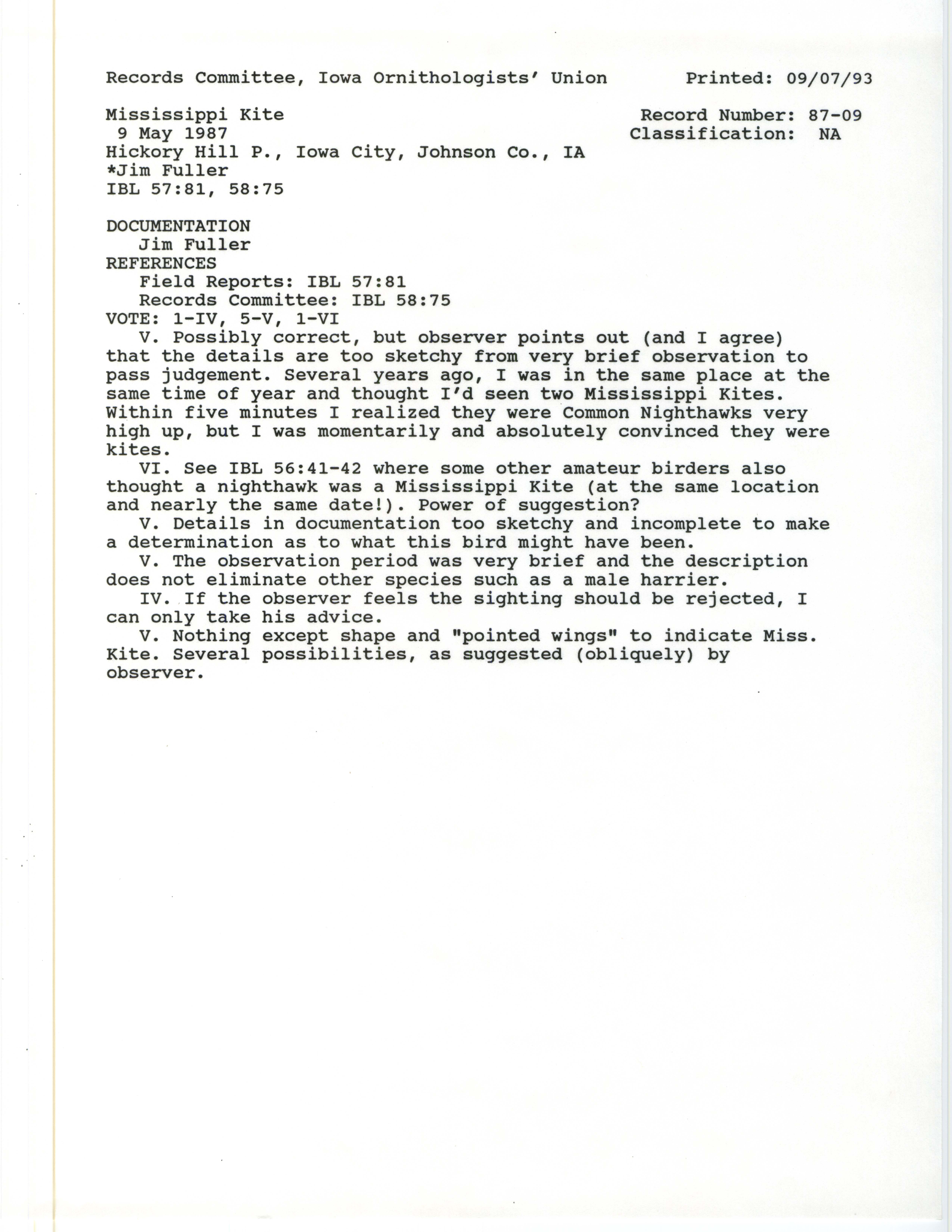 Records Committee review for rare bird sighting of Mississippi Kite at Hickory Hill Park, 1987