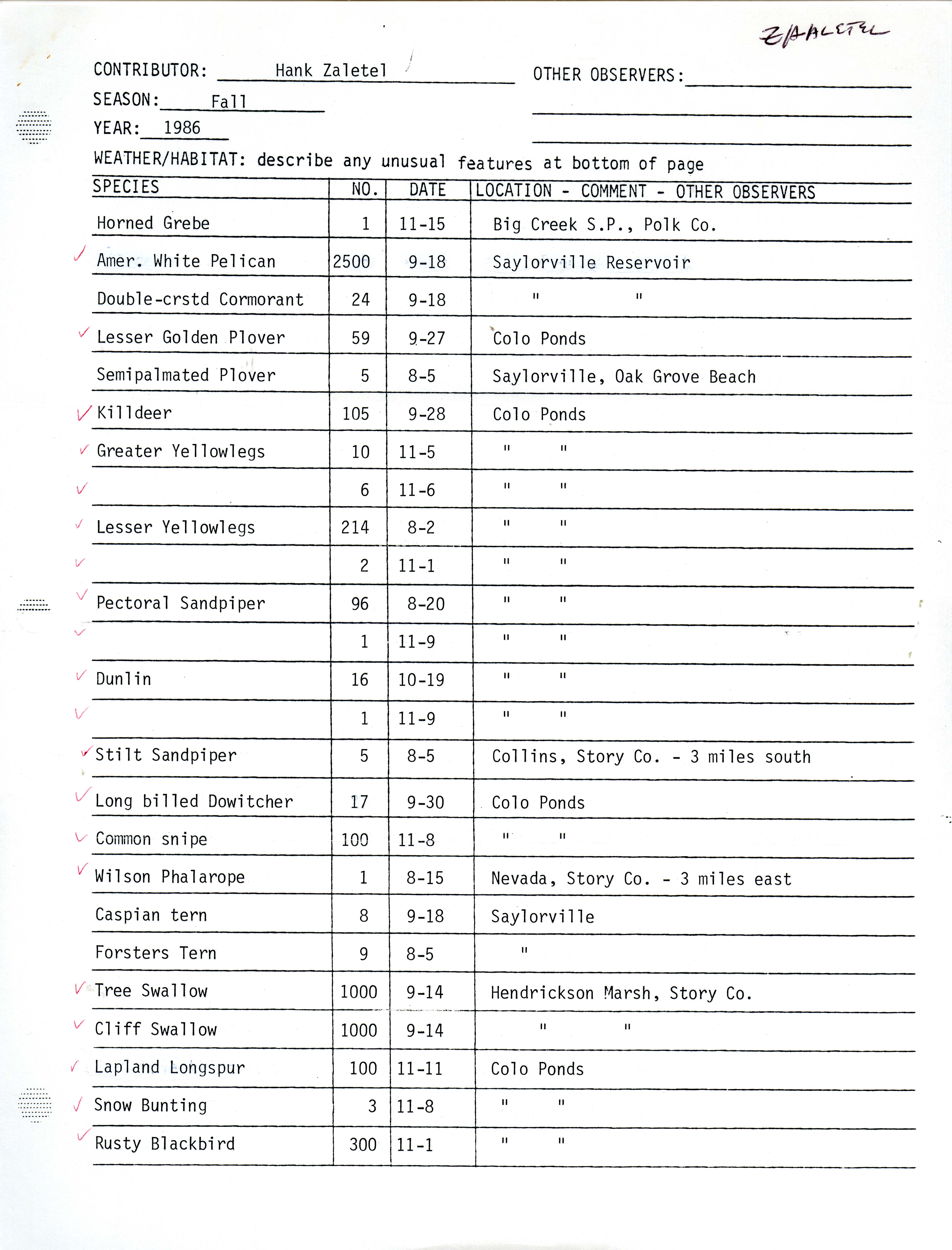 Field notes contributed by Hank Zaletel, fall 1986