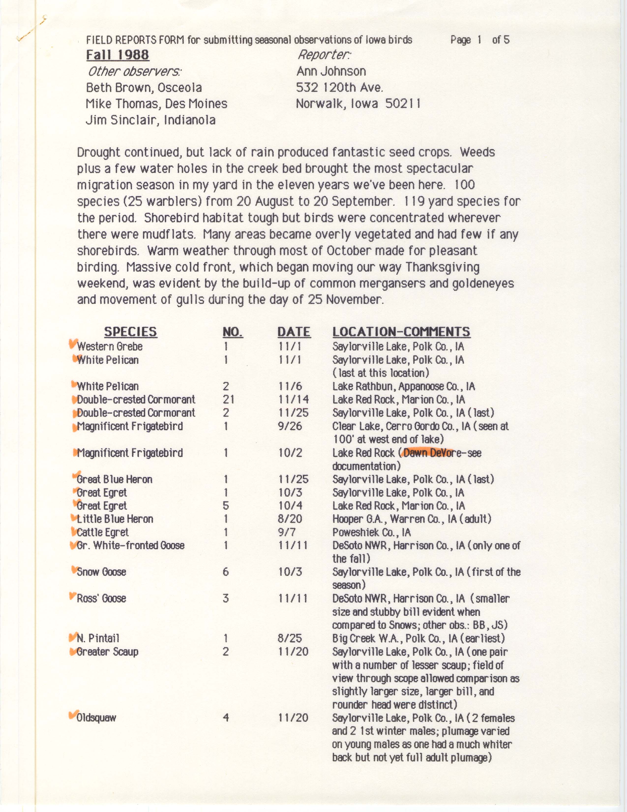 Field reports form for submitting seasonal observations of Iowa birds, Ann Johnson, fall 1988