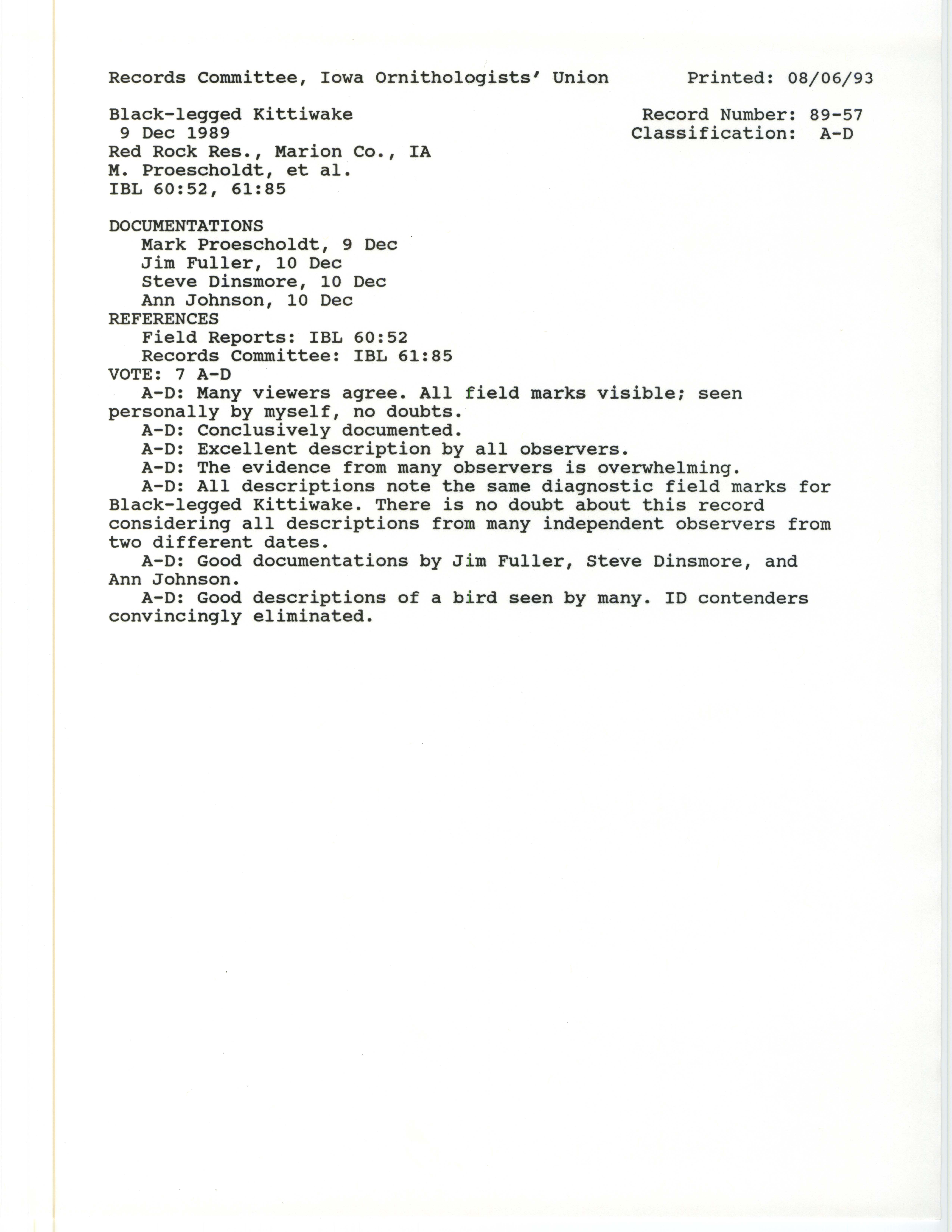Records Committee review for rare bird sighting of Black-legged Kittiwake at Red Rock Dam, 1989