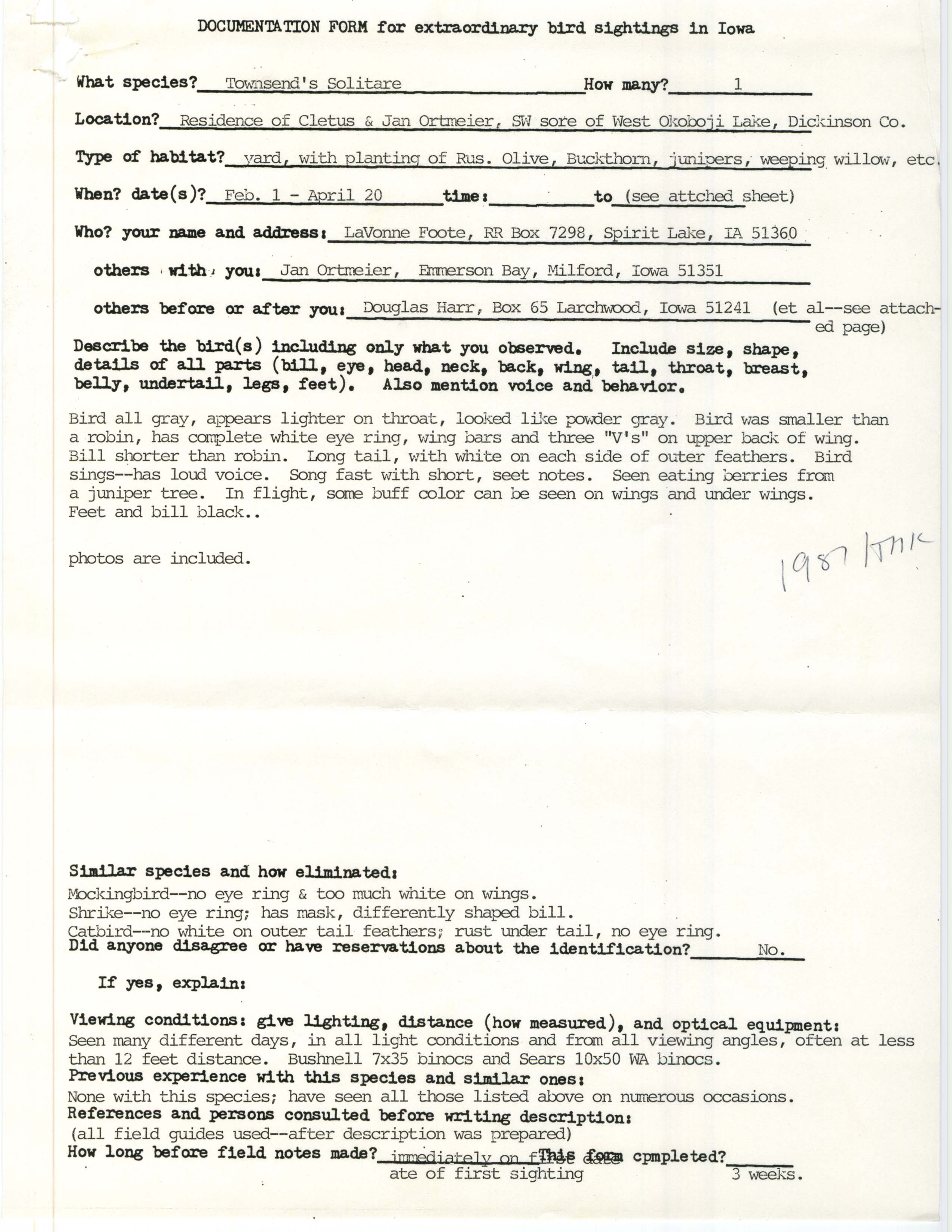 Rare bird documentation form for Townsend's Solitaire at West Okoboji Lake in 1987