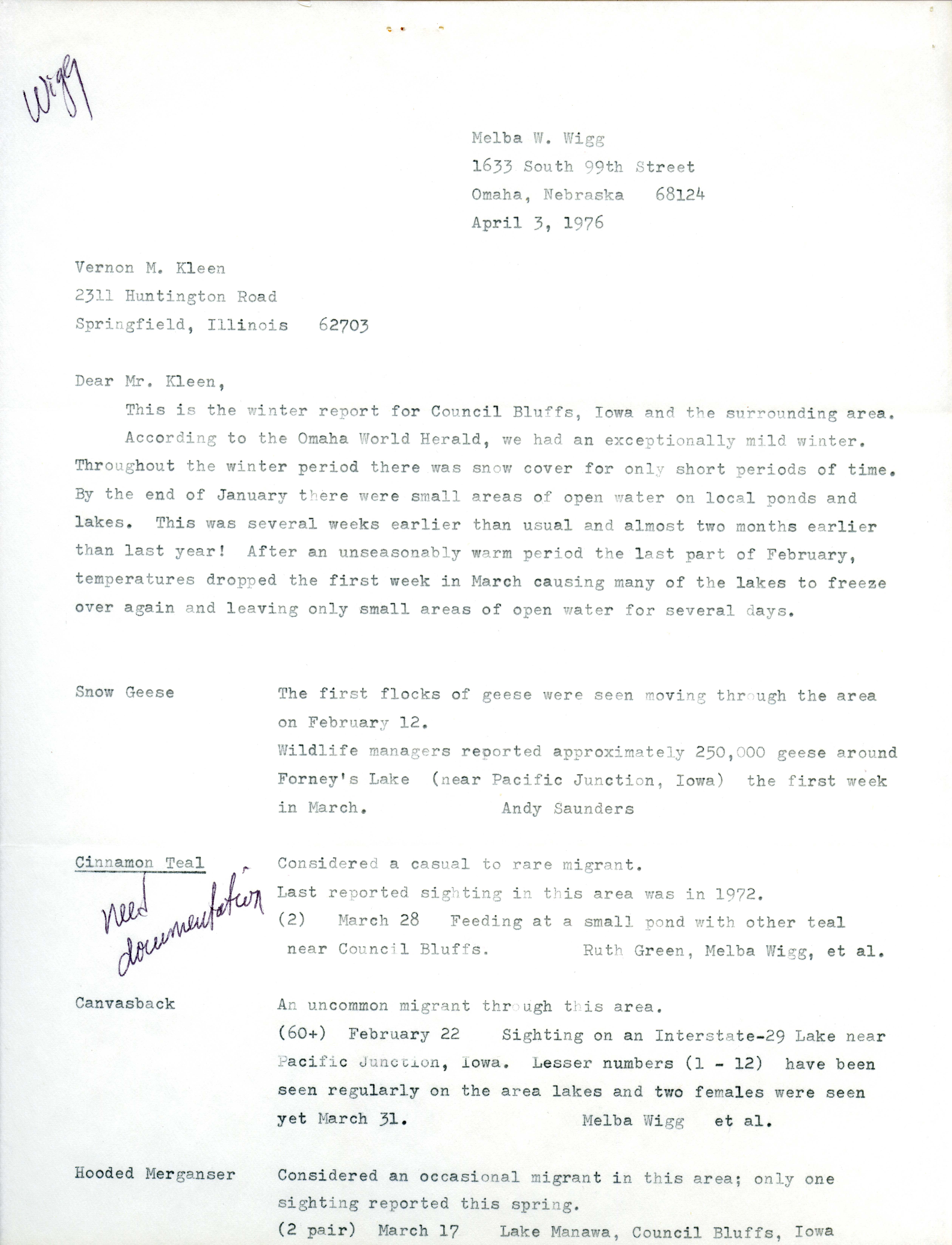 Melba Wigg letter to Vernon M. Kleen regarding winter bird observations for the Council Bluffs area, April 3, 1976