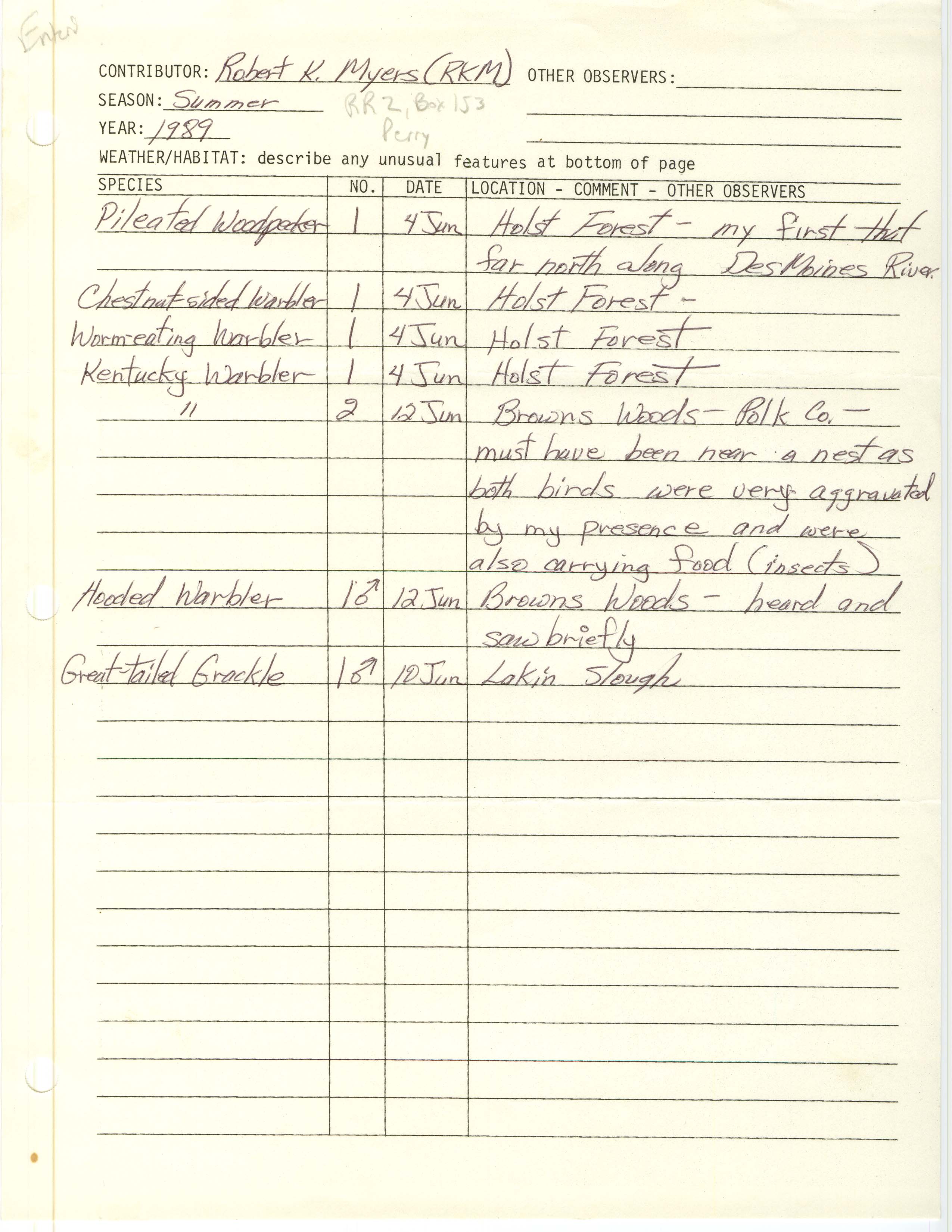 Field notes contributed by Robert K. Myers, summer 1989