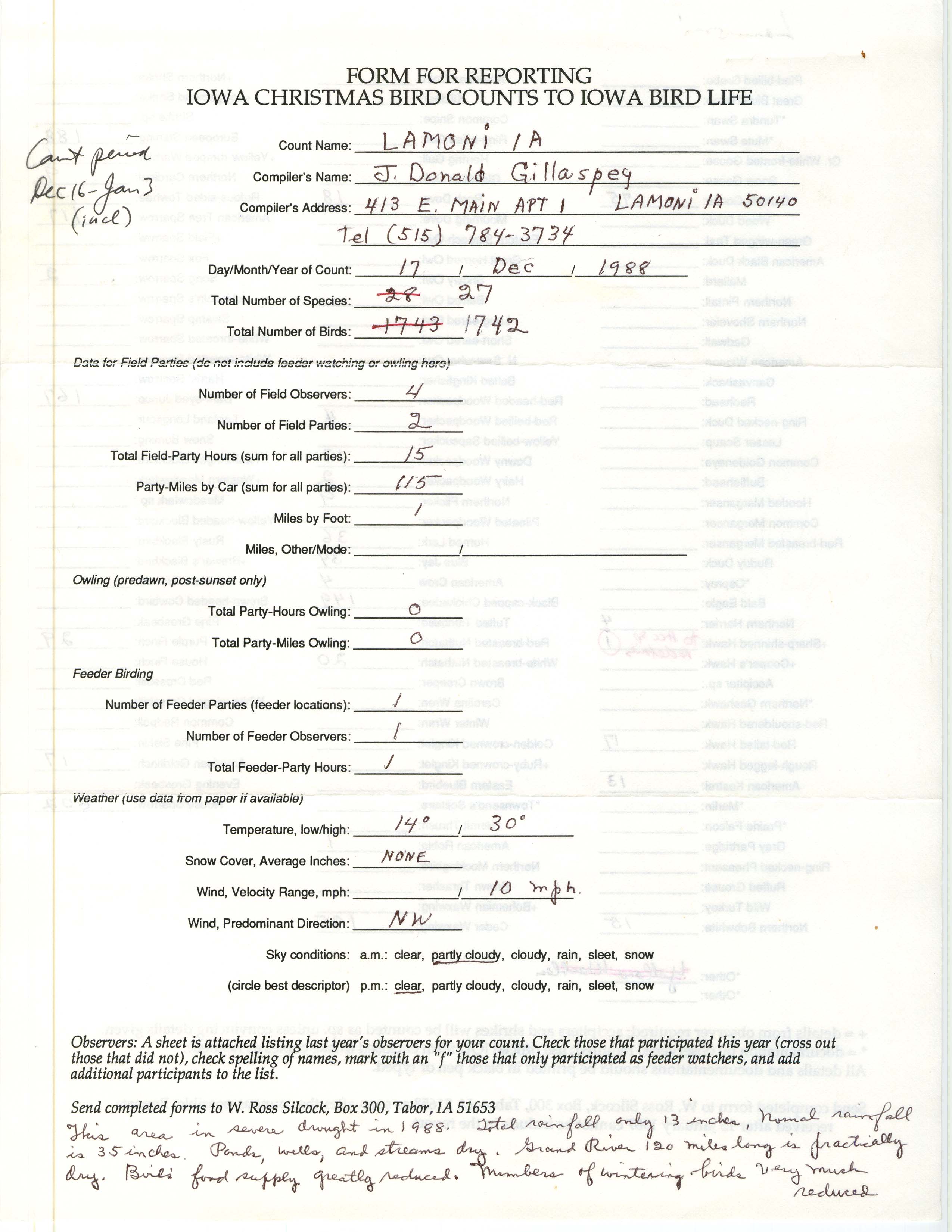 Form for reporting Iowa Christmas bird counts to Iowa Bird Life, J. Donald Gillaspey, December 17, 1988