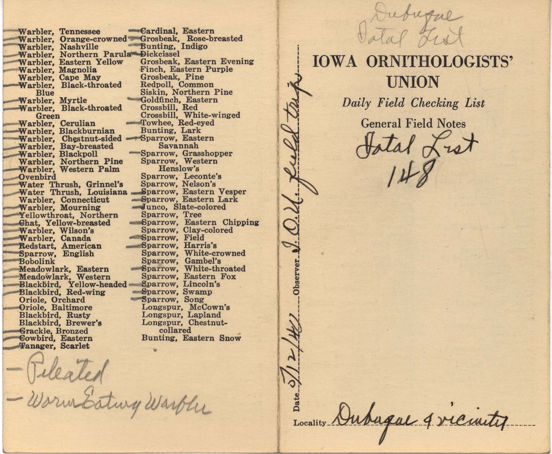 Daily field checking list by Walter Rosene, May 12, 1940
