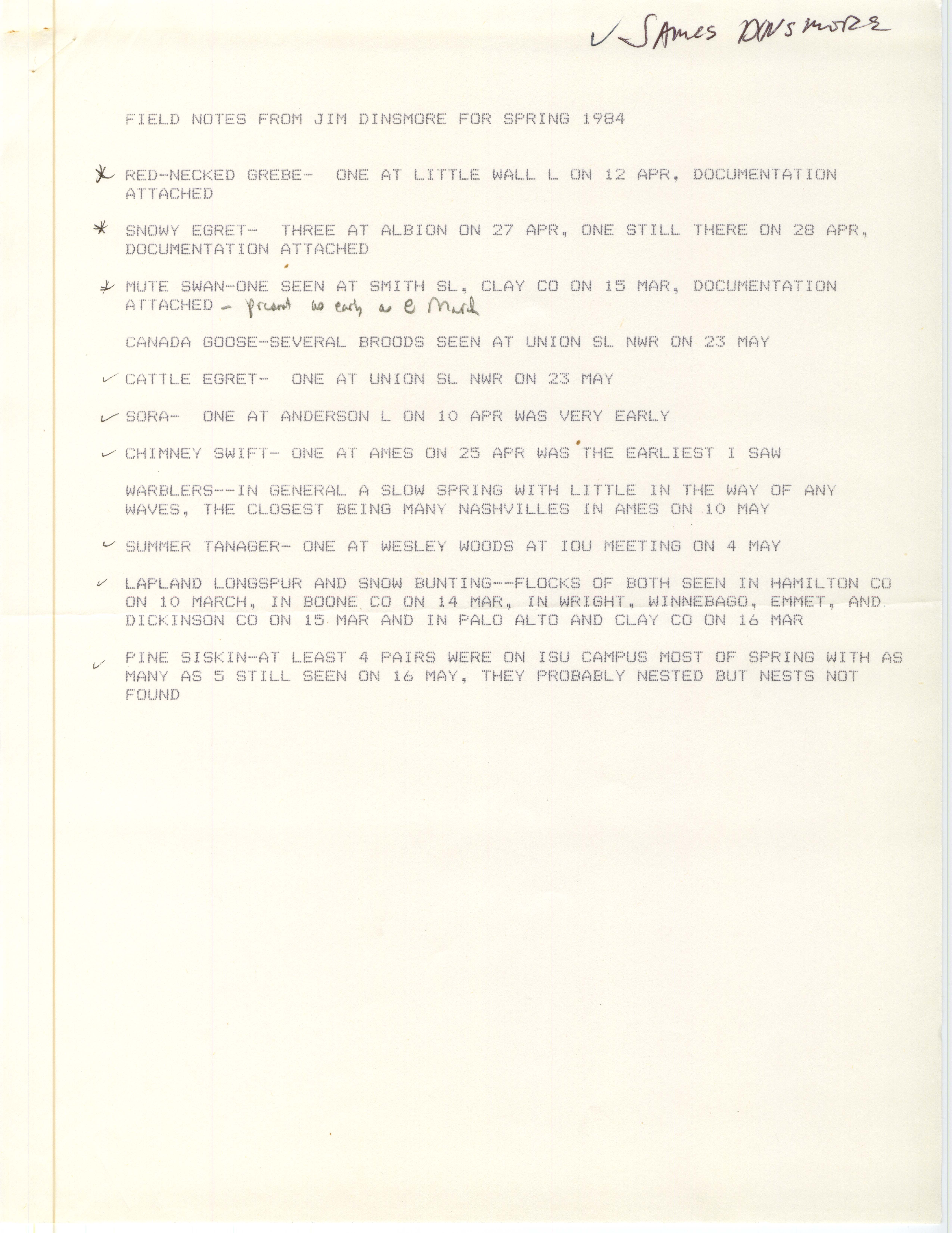 Field notes contributed by James  J. Dinsmore, spring 1984