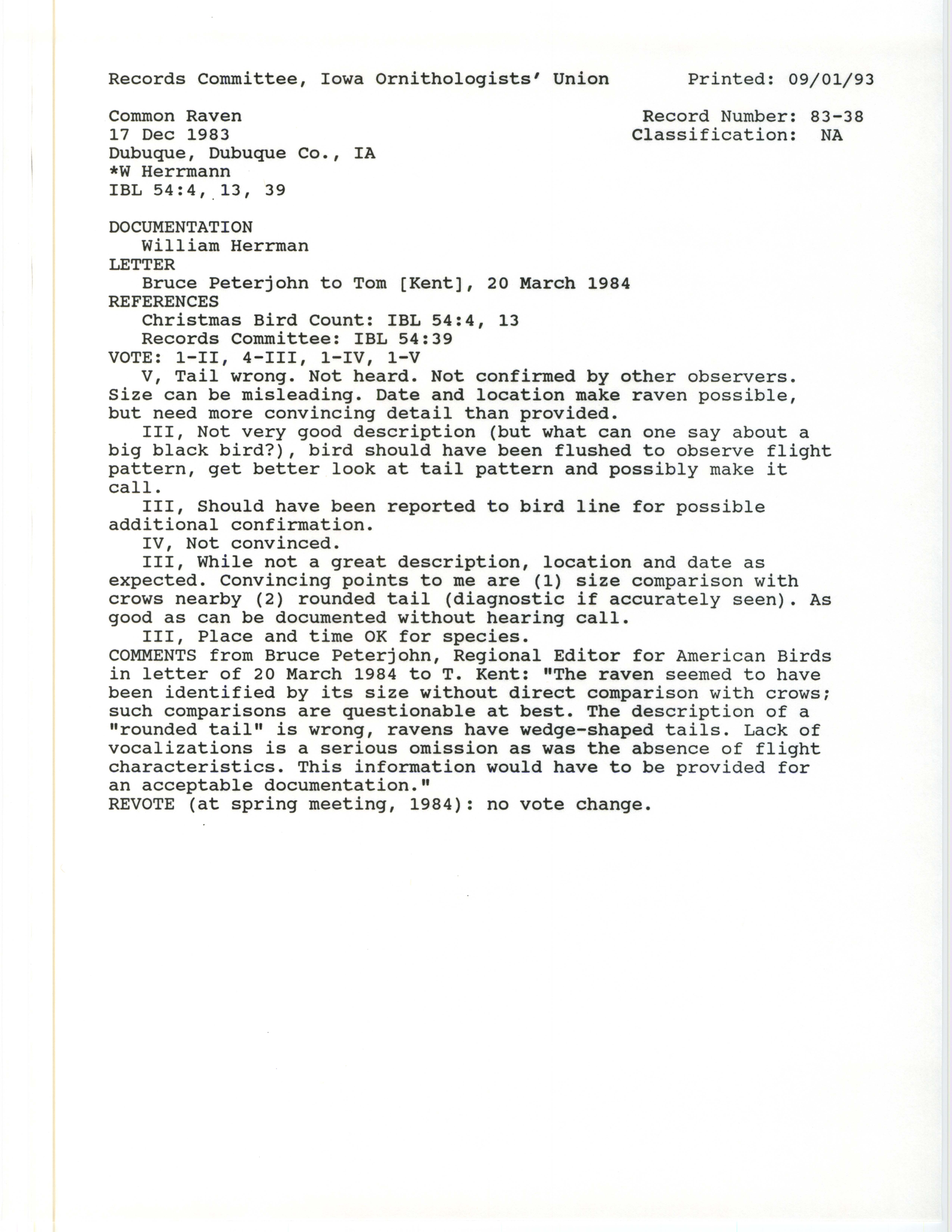 Records Committee review for rare bird sighting for Common Raven at Dubuque, 1983