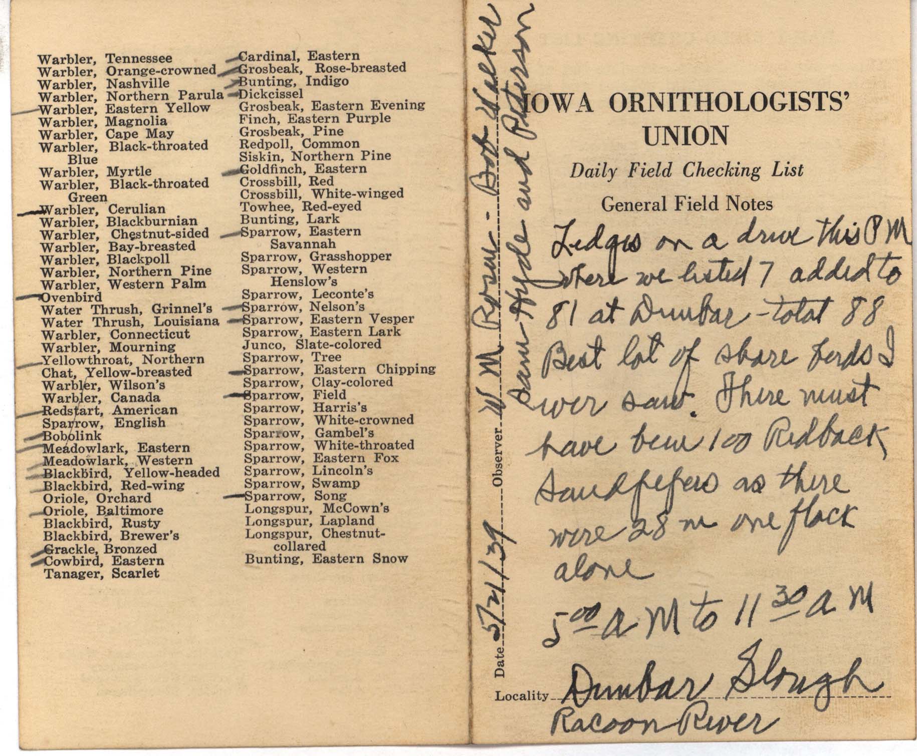 Daily field checking list by Walter Rosene, May 21, 1939