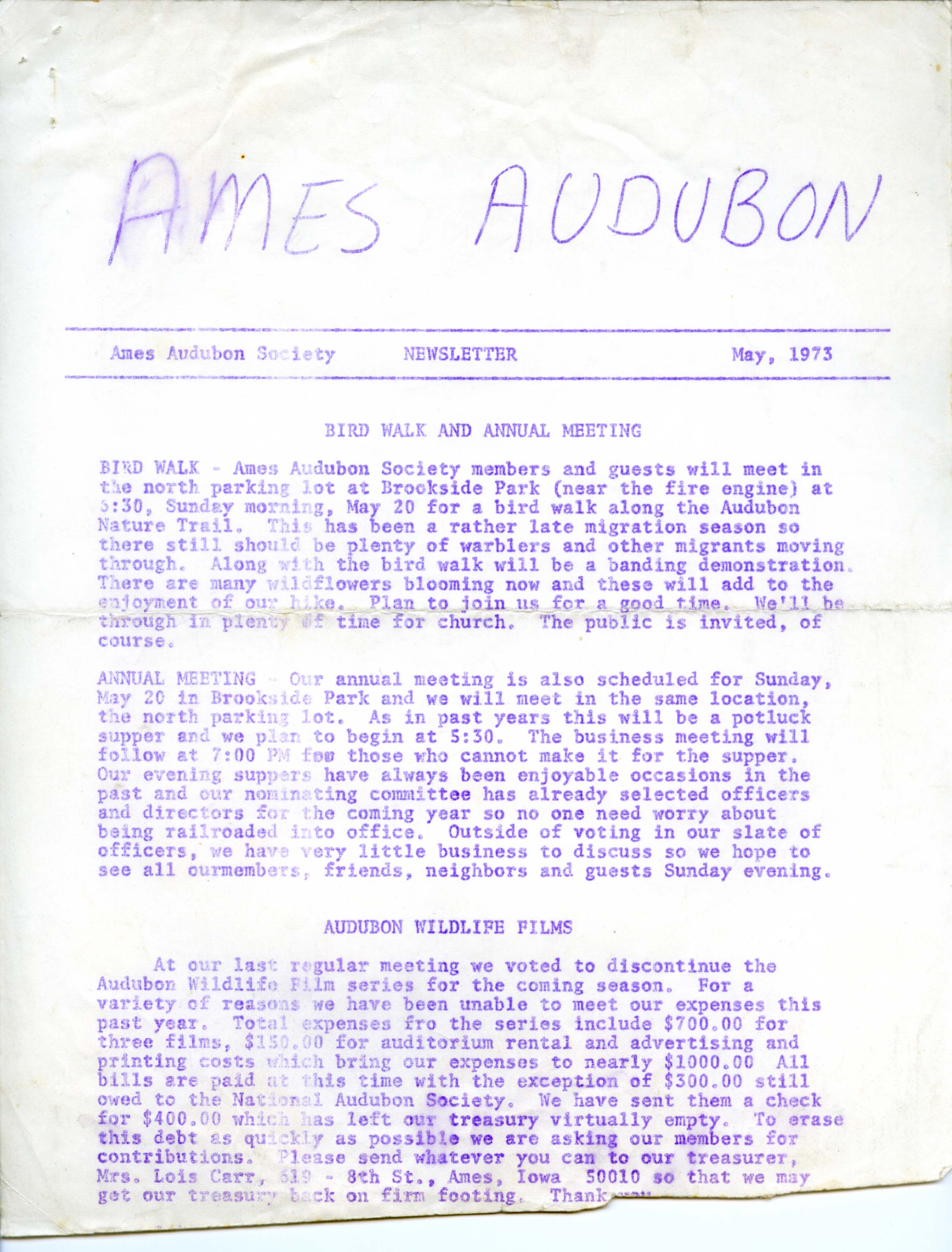 Ames Audubon Society Newsletter, May 1973